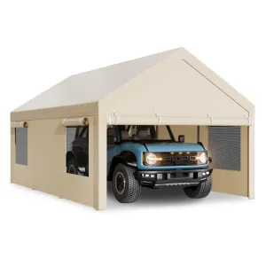 Walsunny Carport, 12x20 ft Heavy Duty Carport Canopy with Roll-up Windows, Portable Garage with Removable Sidewalls & Doors, Car Canopy with All-Season Tarp for Car, Truck, Boat