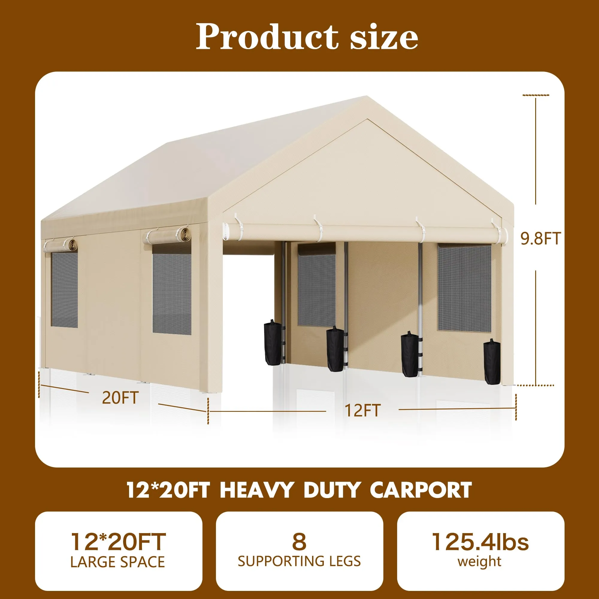 Walsunny Carport, 12x20 ft Heavy Duty Carport Canopy with Roll-up Windows, Portable Garage with Removable Sidewalls & Doors, Car Canopy with All-Season Tarp for Car, Truck, Boat