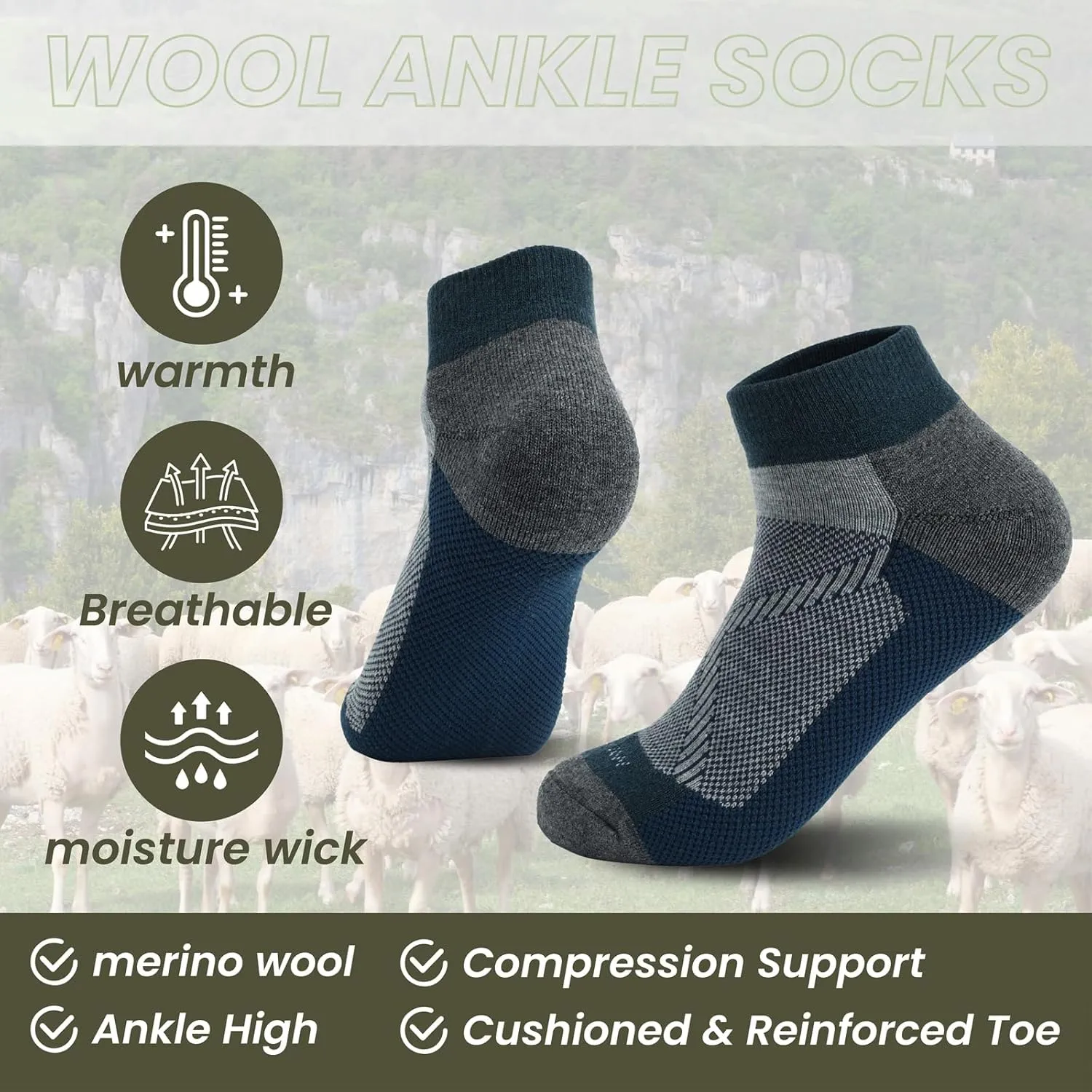 WANDER Merino Wool Breathable Running Socks 3 Pairs Athletic Ankle Sock Cushioned Support Thermal Low Cut Hiking Socks