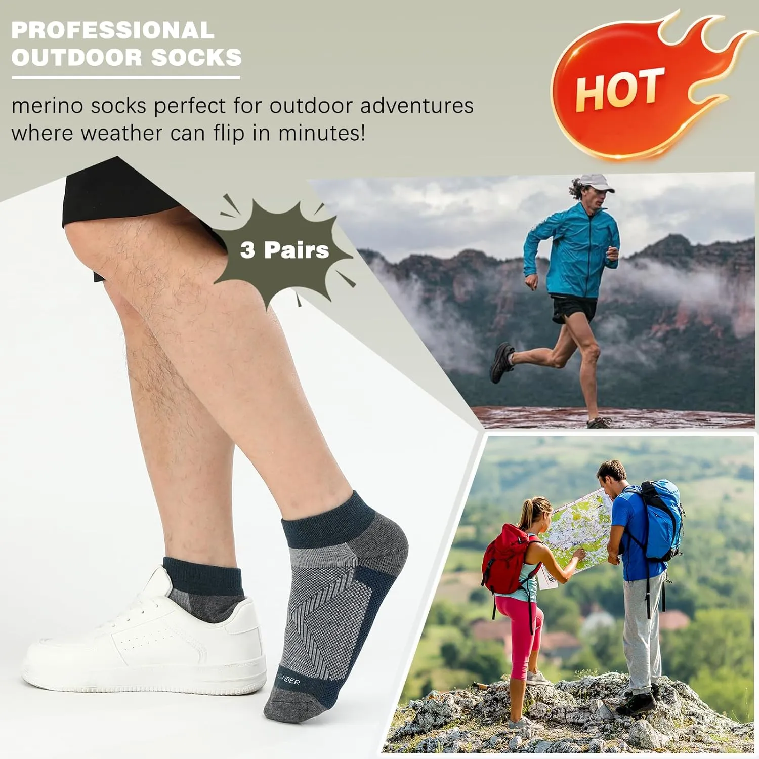 WANDER Merino Wool Breathable Running Socks 3 Pairs Athletic Ankle Sock Cushioned Support Thermal Low Cut Hiking Socks
