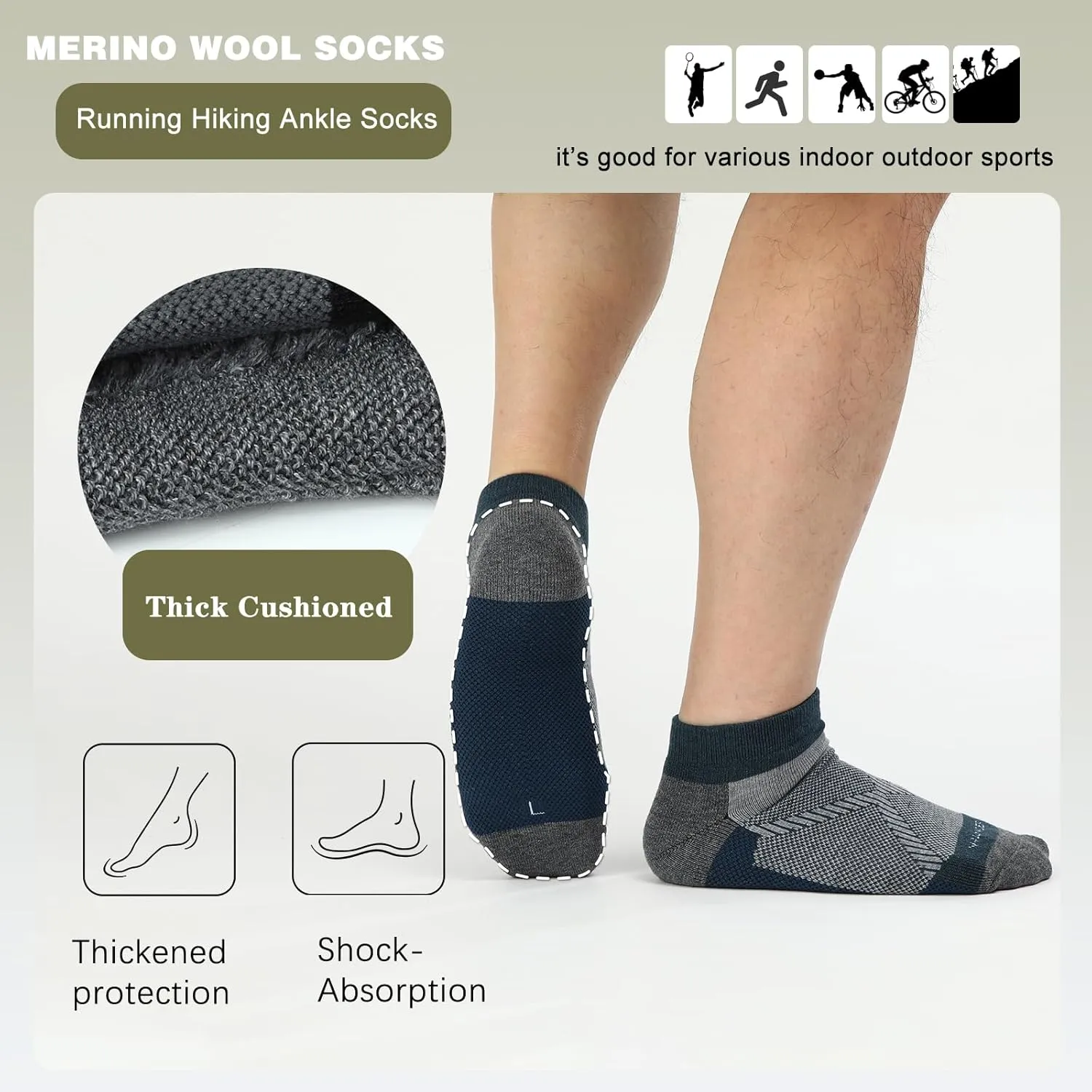 WANDER Merino Wool Breathable Running Socks 3 Pairs Athletic Ankle Sock Cushioned Support Thermal Low Cut Hiking Socks