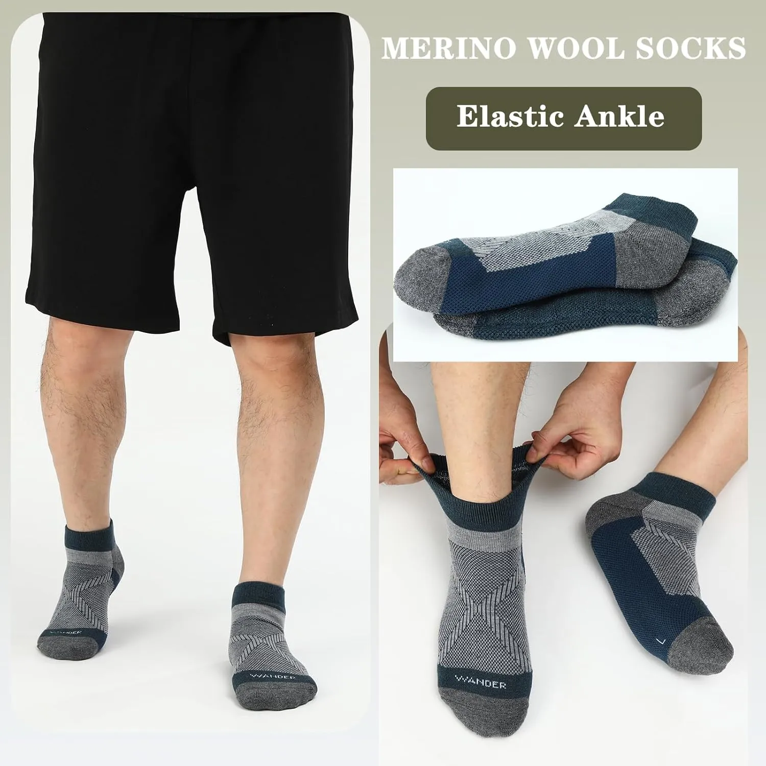 WANDER Merino Wool Breathable Running Socks 3 Pairs Athletic Ankle Sock Cushioned Support Thermal Low Cut Hiking Socks