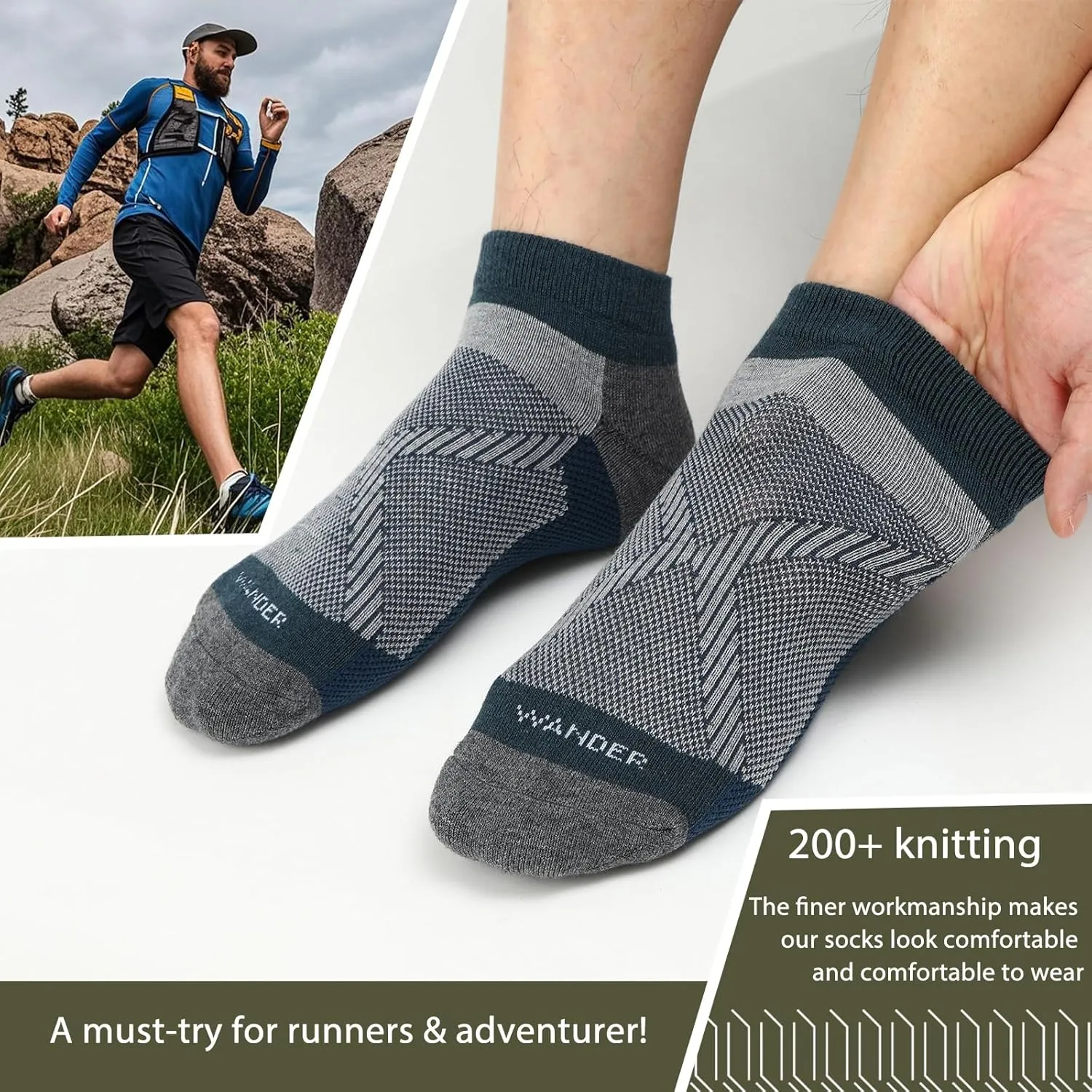 WANDER Merino Wool Breathable Running Socks 3 Pairs Athletic Ankle Sock Cushioned Support Thermal Low Cut Hiking Socks