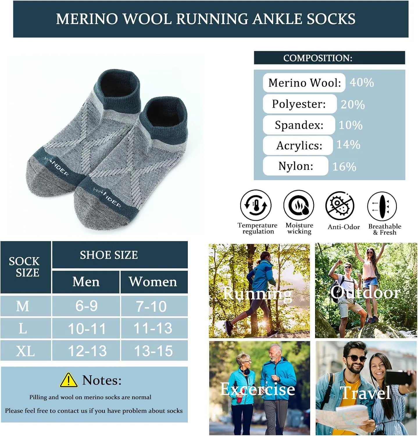 WANDER Merino Wool Breathable Running Socks 3 Pairs Athletic Ankle Sock Cushioned Support Thermal Low Cut Hiking Socks