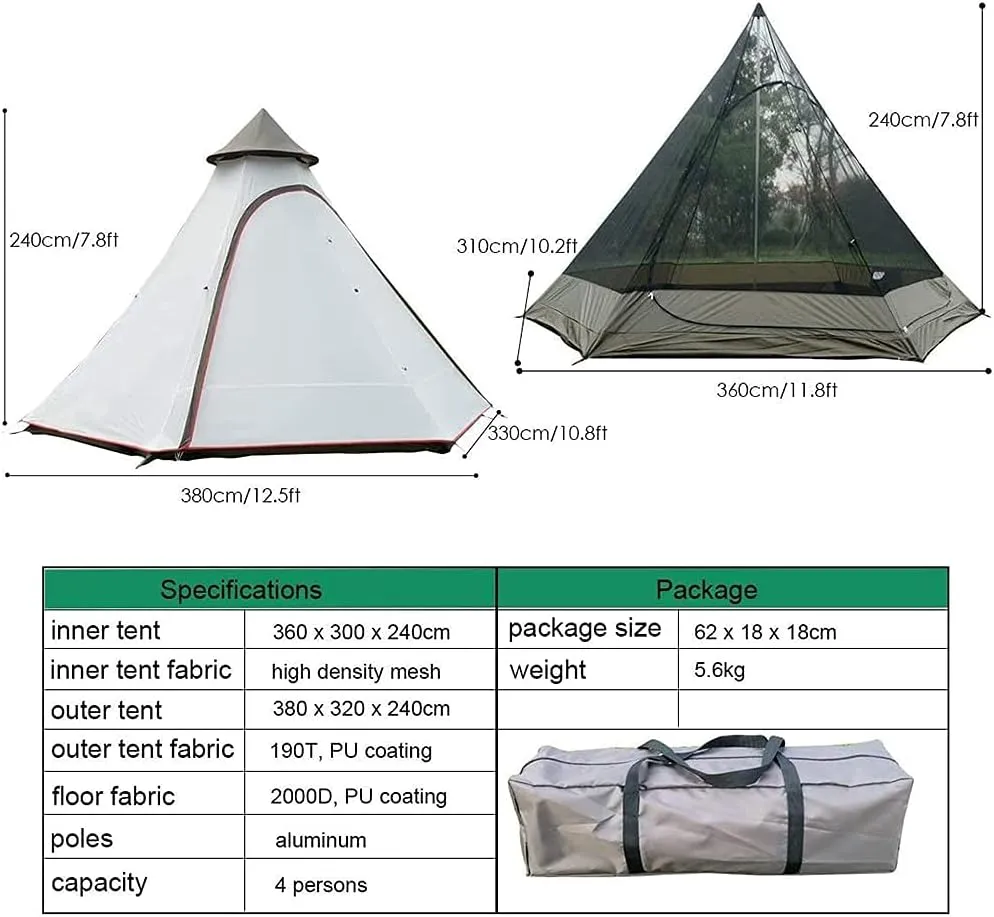 Waterproof Camping Pyramid Teepee Tent Adult Tipi Tent Waterproof Double Layers Indian Tent Yurt Tent Tower Post Bell Tent for Outdoor Family Trip, Black