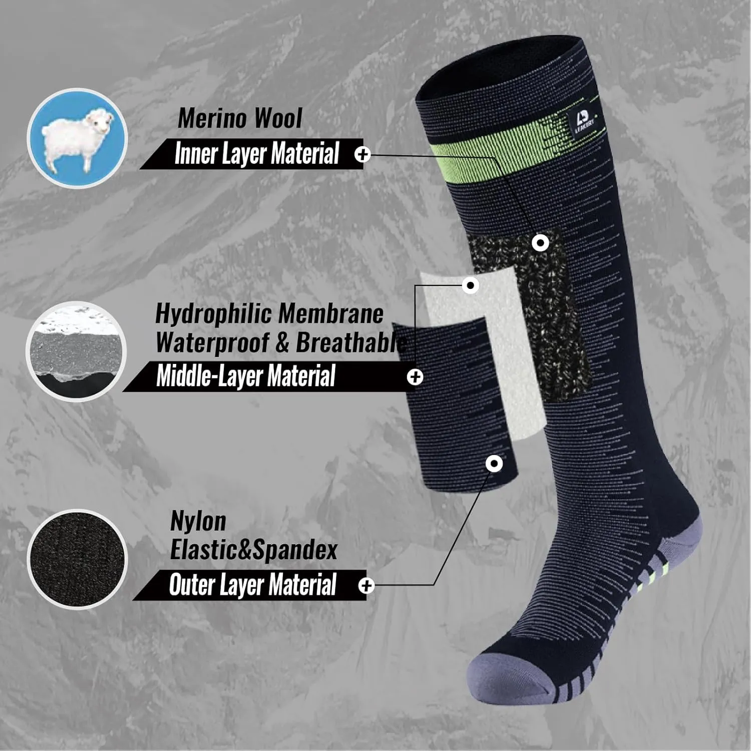 Waterproof Socks Knee High Long Socks,Thermal Ligthweight Breathable,Hiking,Cycling,Running,Skiing