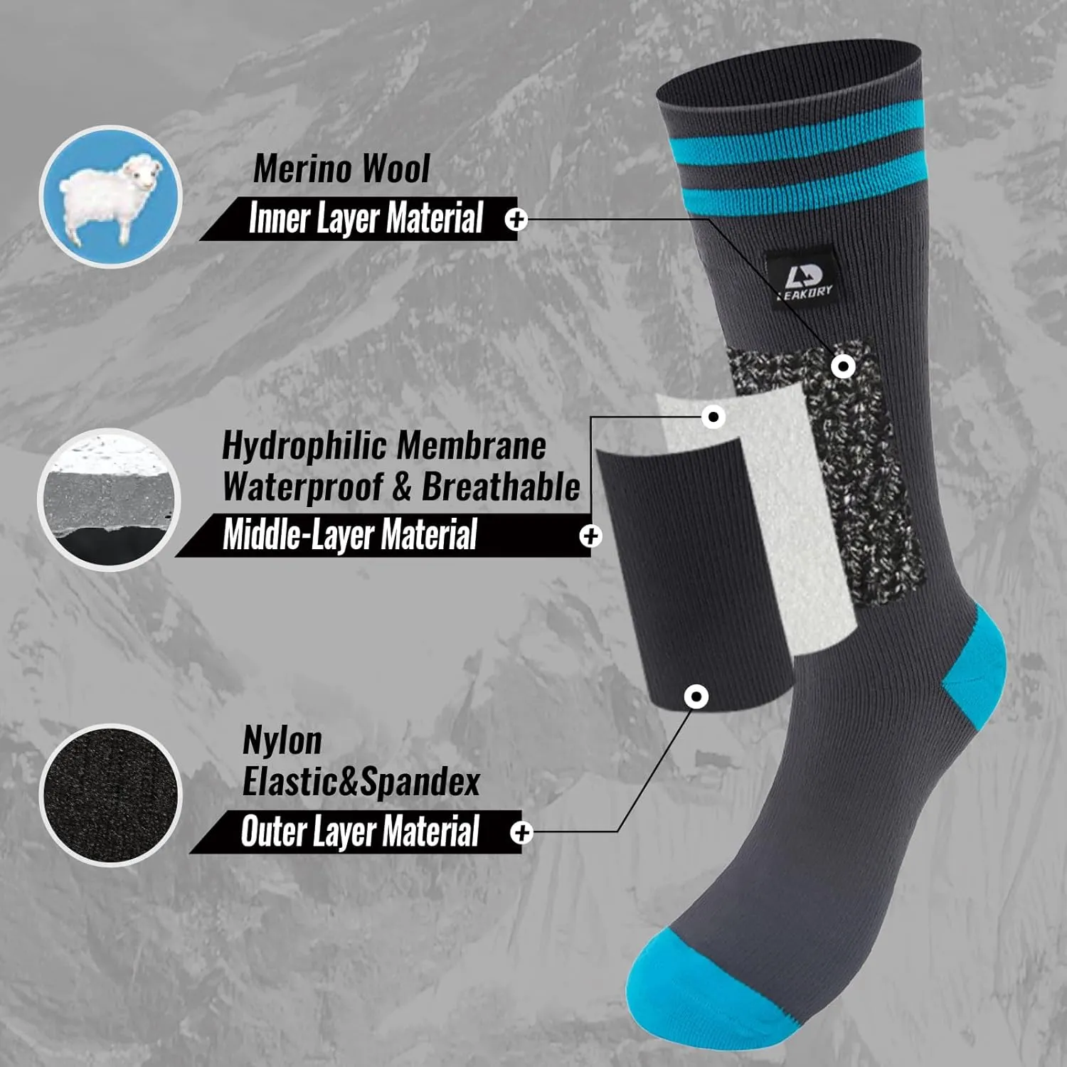 Waterproof Socks,Mid Calf Socks,Merino Wool Thermal Ligthweight Breathable,Hiking,Cycling,Running,Skiing,Fishing