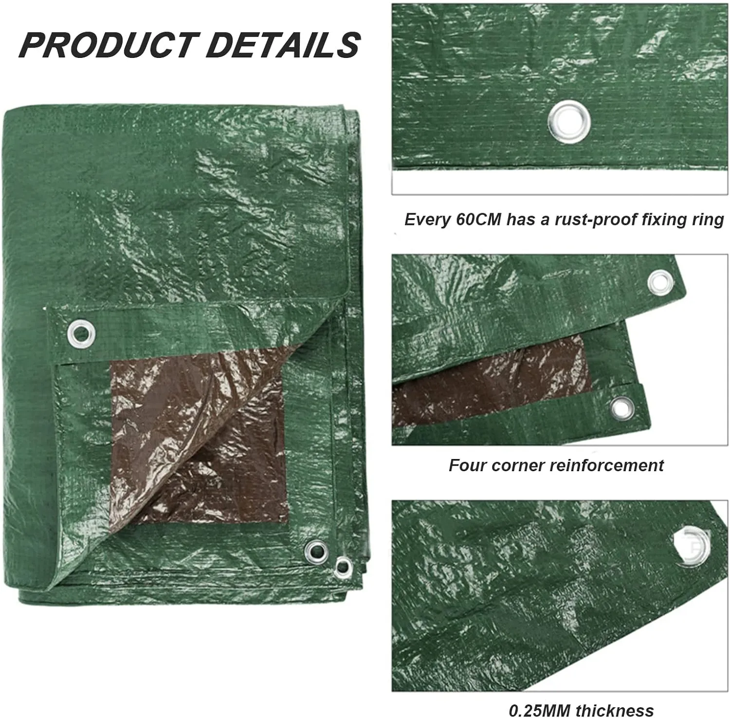 Waterproof Tarp with Metal Grommets, Shade Tarp for Camping, Picnic Mat, Emergency Rain Shelter, Tarpaulin with Reinforced Edges