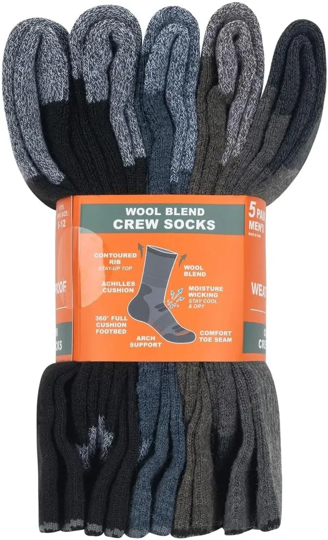 Weatherproof Vintage Men's Wool Blend Crew Socks, Outdoor, 5-Pair
