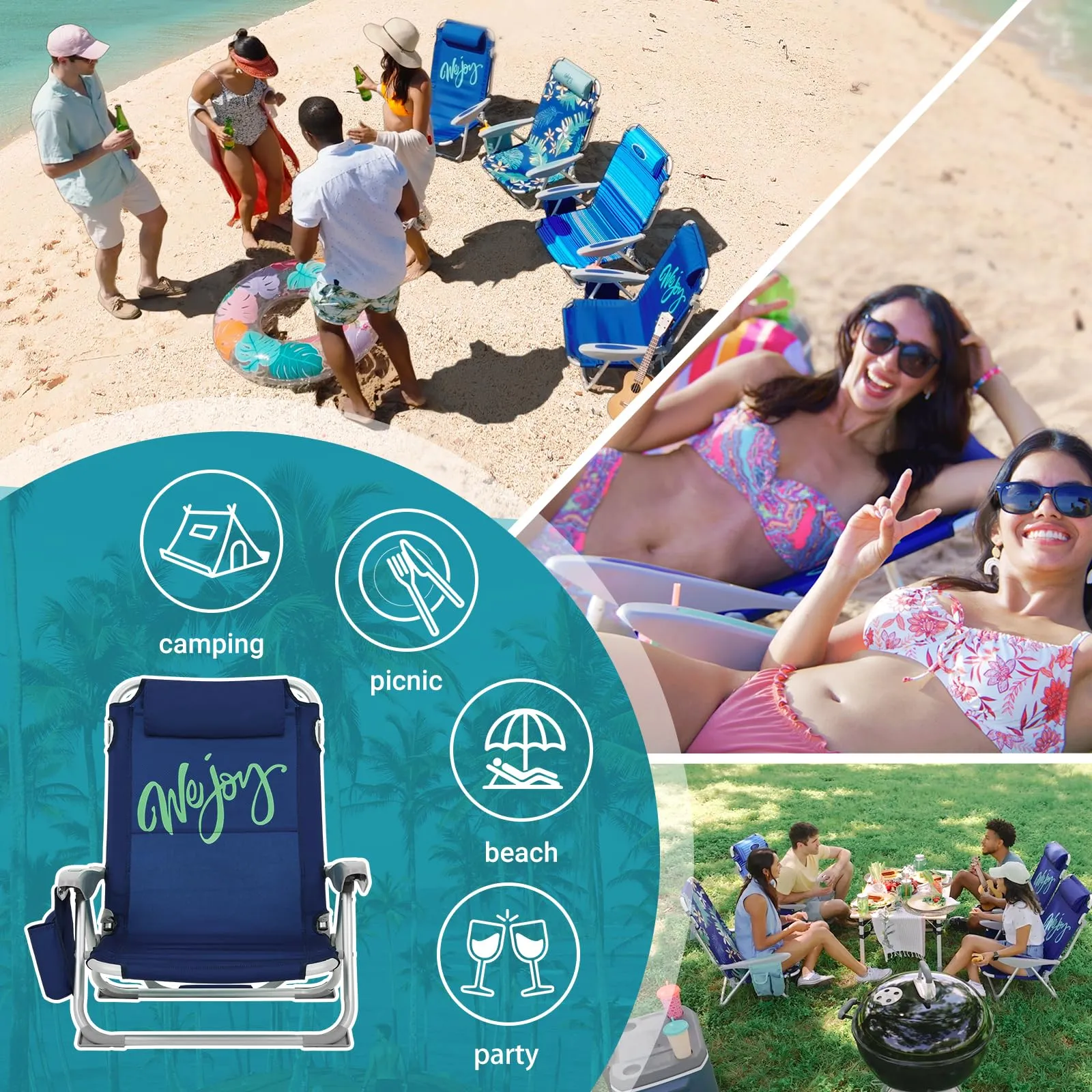 WEJOY Adjustable Beach Chair with Cup Holder and Padded Headrest