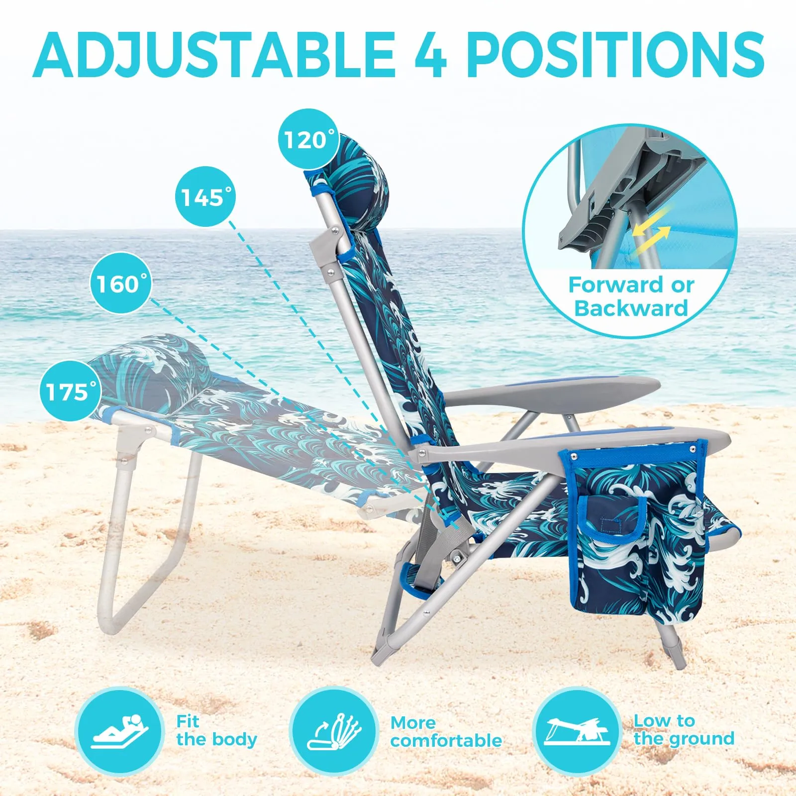 WEJOY Adjustable Beach Chair with Cup Holder and Padded Headrest