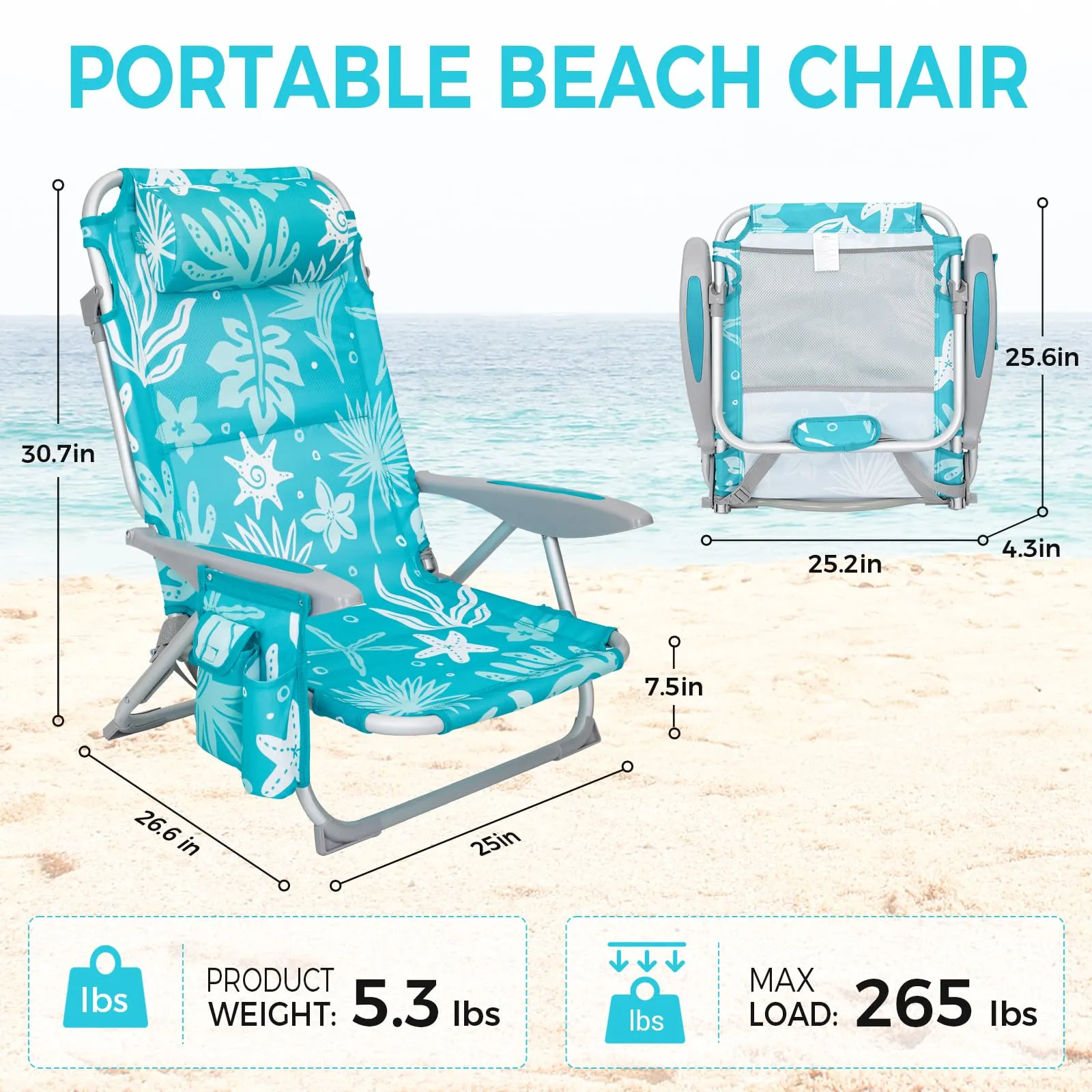 WEJOY Adjustable Beach Chair with Cup Holder and Padded Headrest