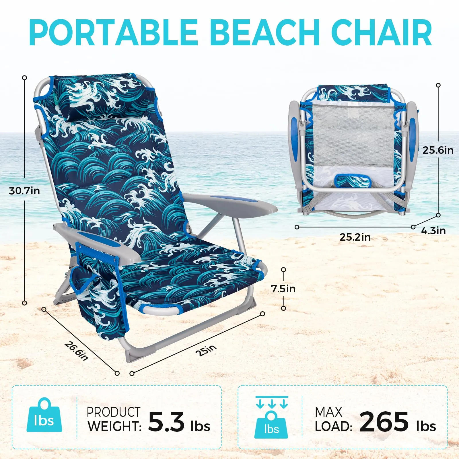 WEJOY Adjustable Beach Chair with Cup Holder and Padded Headrest