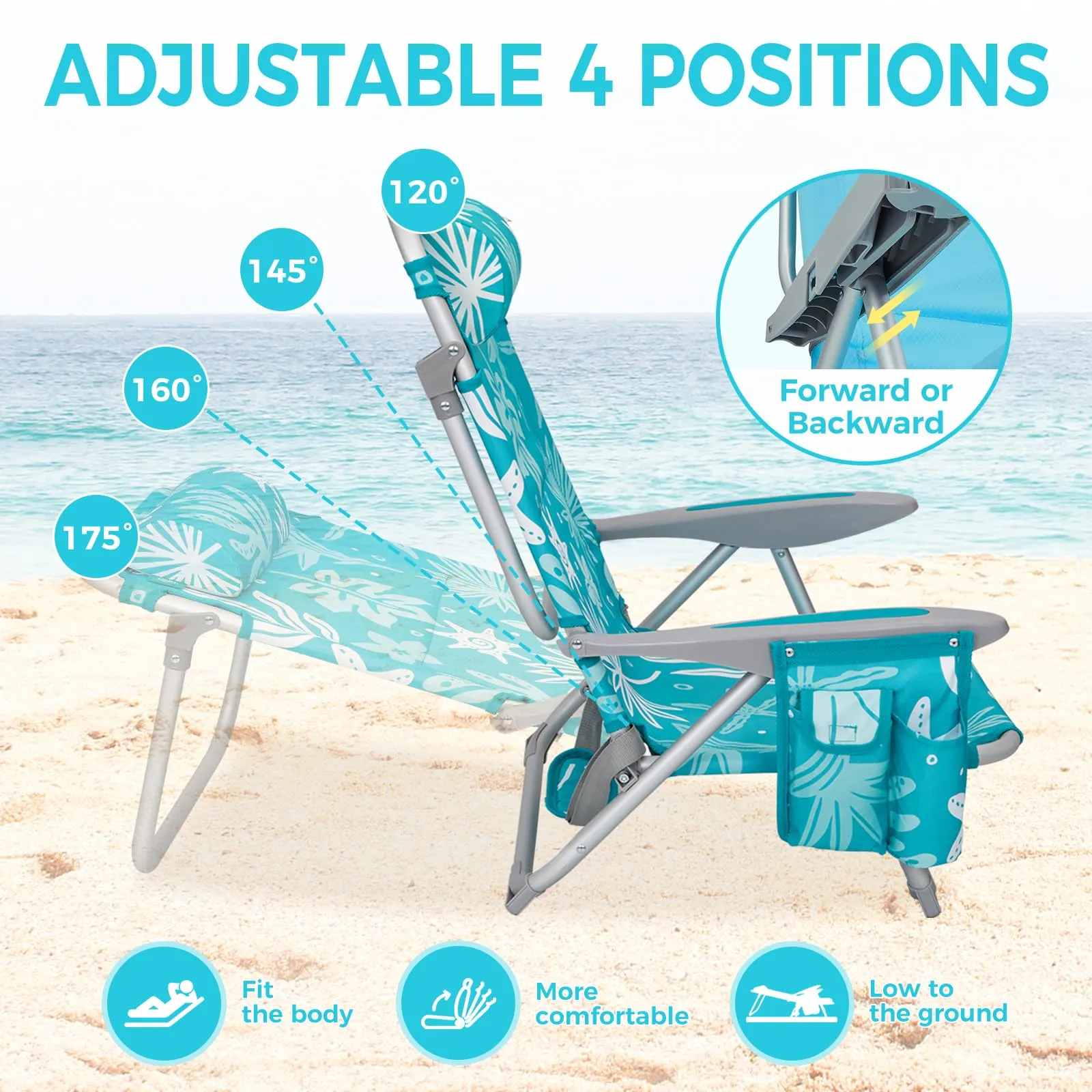 WEJOY Adjustable Beach Chair with Cup Holder and Padded Headrest