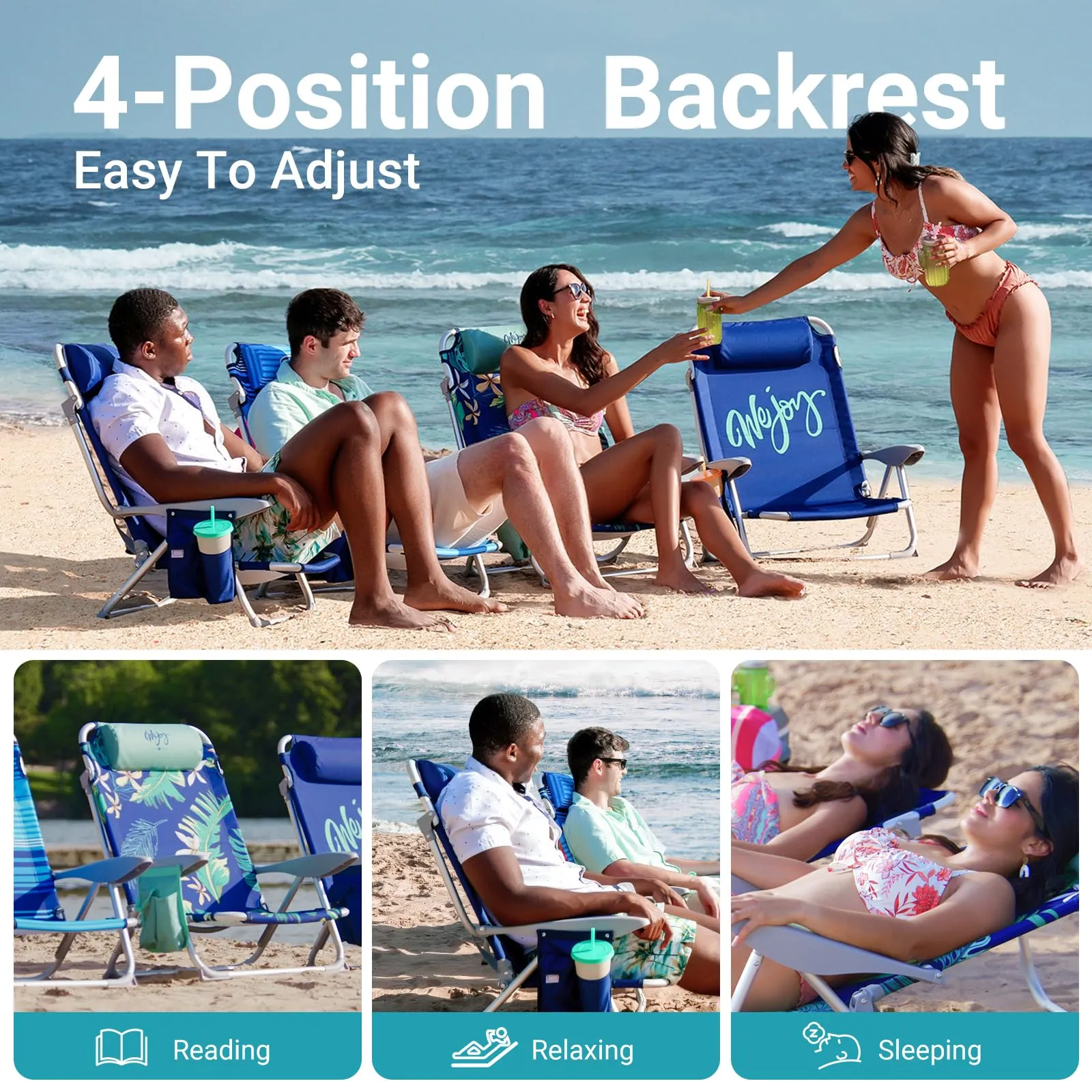 WEJOY Adjustable Beach Chair with Cup Holder and Padded Headrest