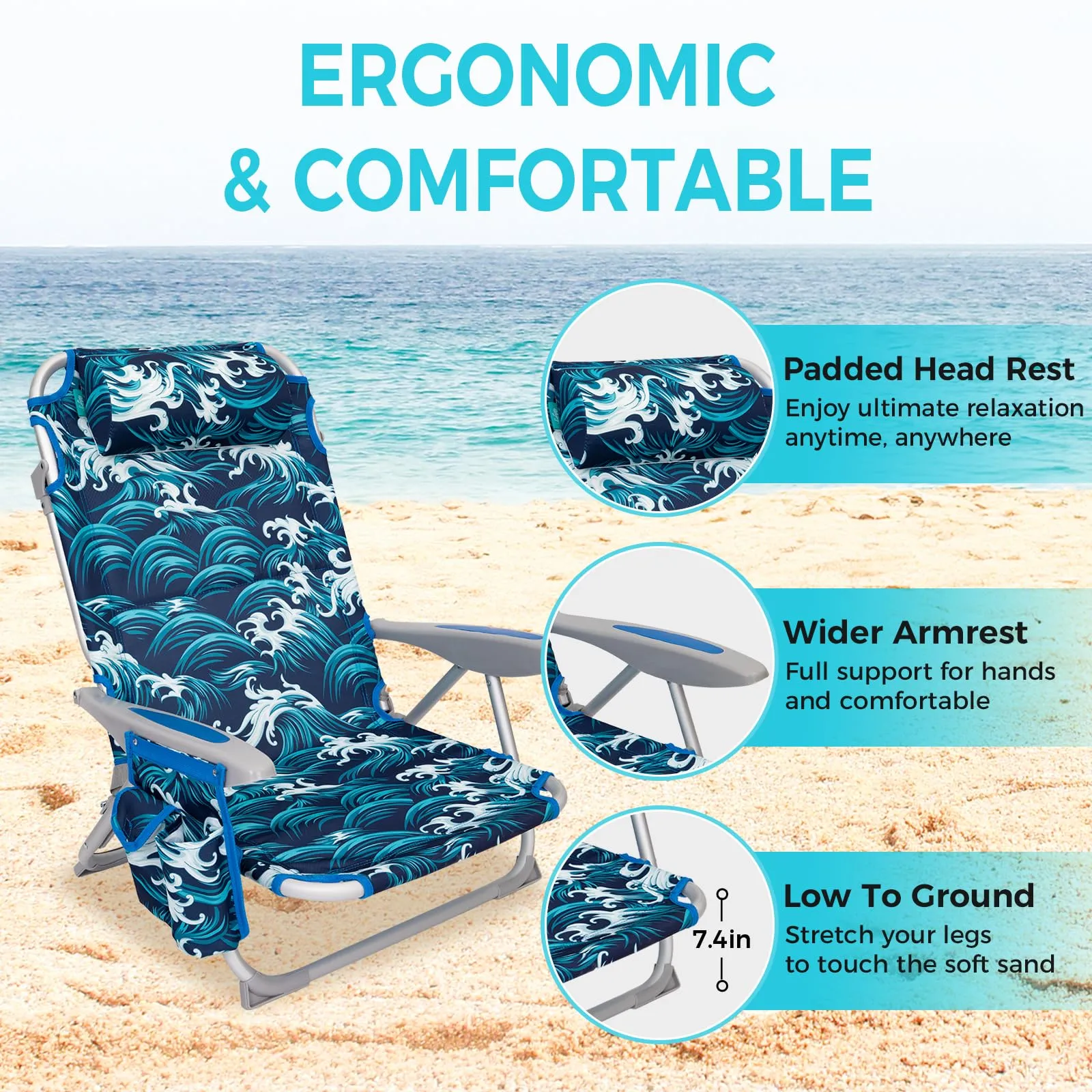 WEJOY Adjustable Beach Chair with Cup Holder and Padded Headrest