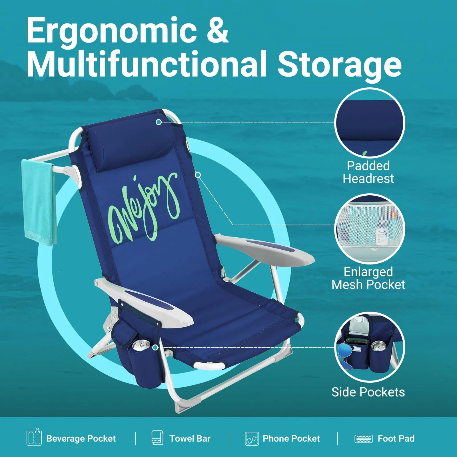 WEJOY Adjustable Beach Chair with Cup Holder and Padded Headrest