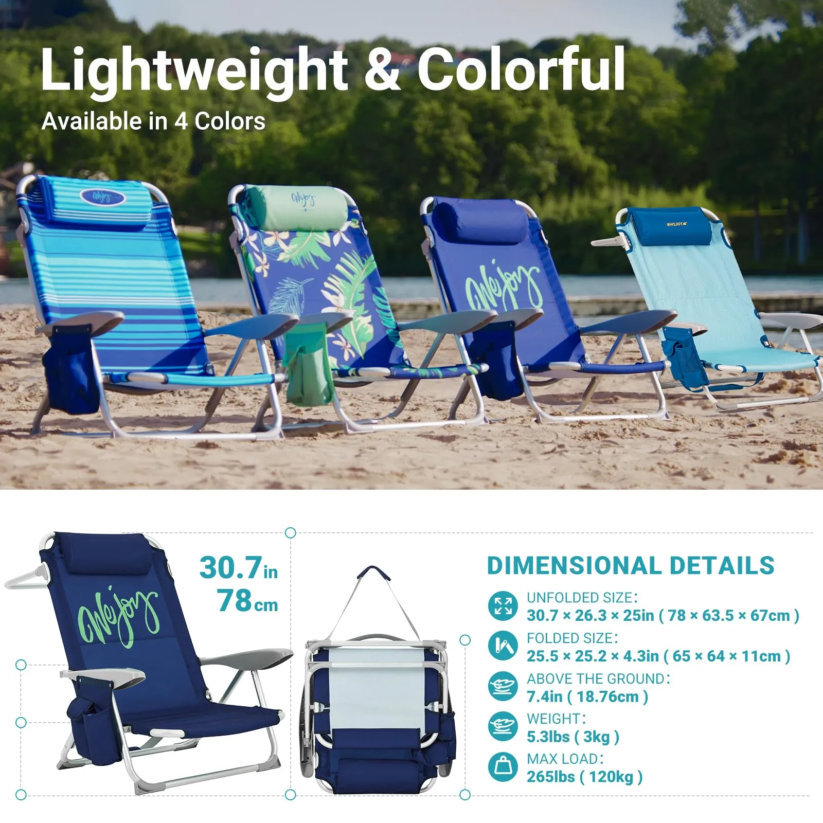 WEJOY Adjustable Beach Chair with Cup Holder and Padded Headrest