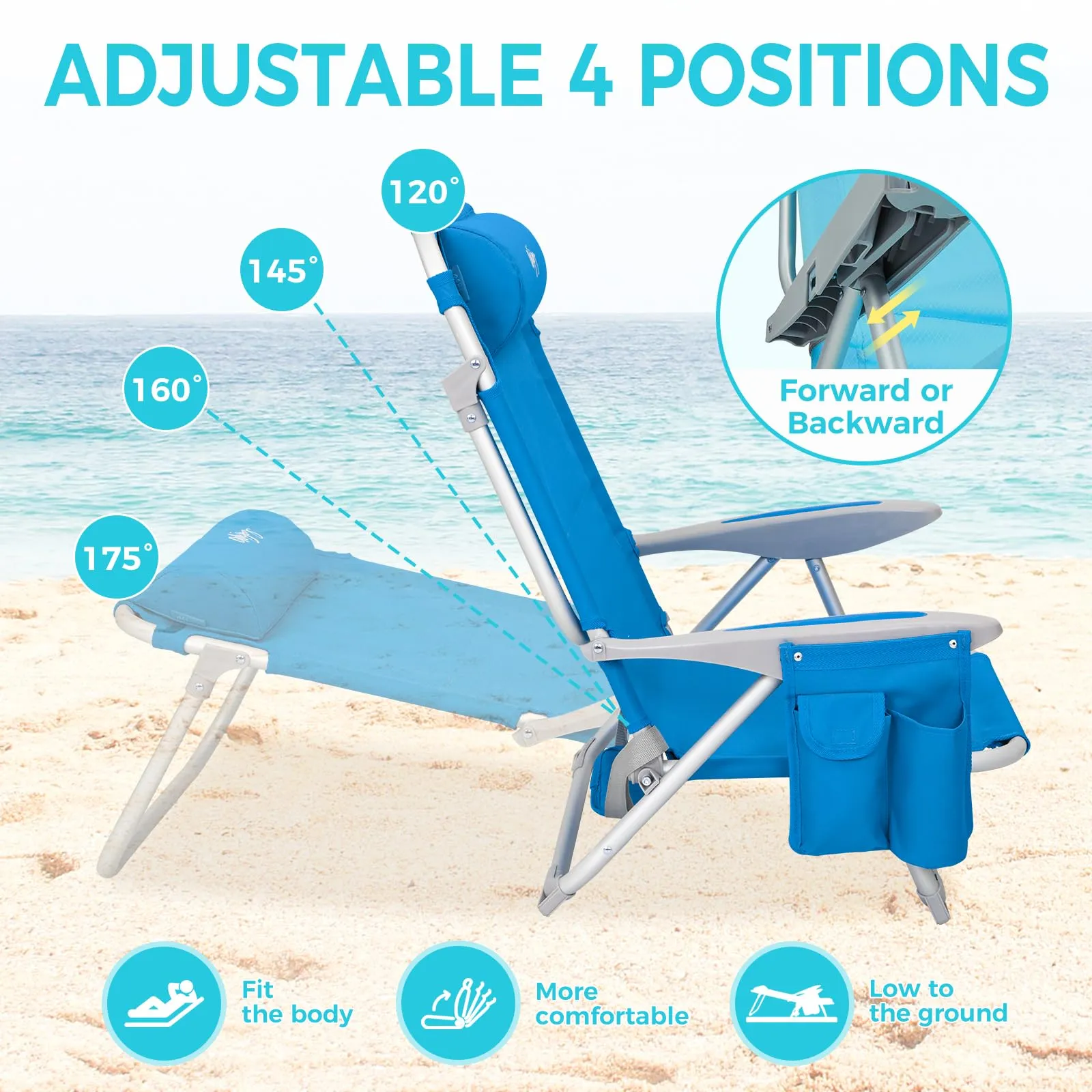 WEJOY Adjustable Beach Chair with Cup Holder and Padded Headrest