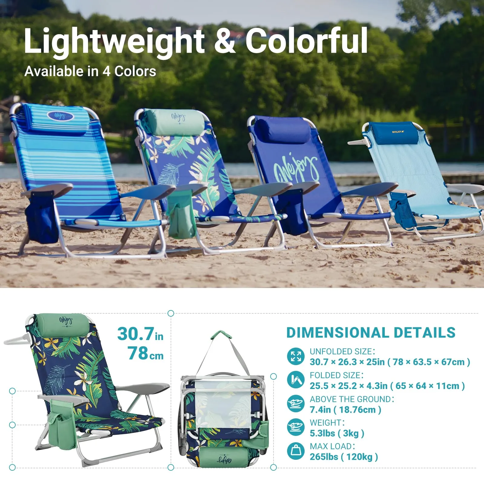 WEJOY Adjustable Beach Chair with Cup Holder and Padded Headrest