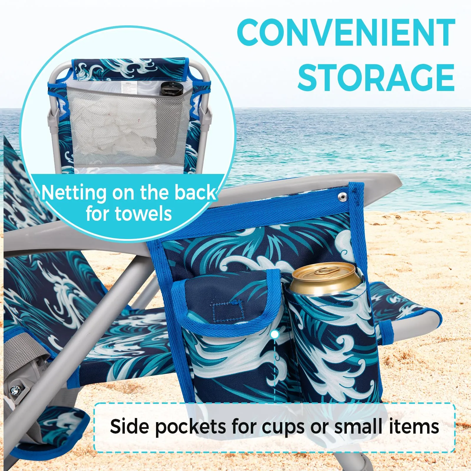 WEJOY Adjustable Beach Chair with Cup Holder and Padded Headrest