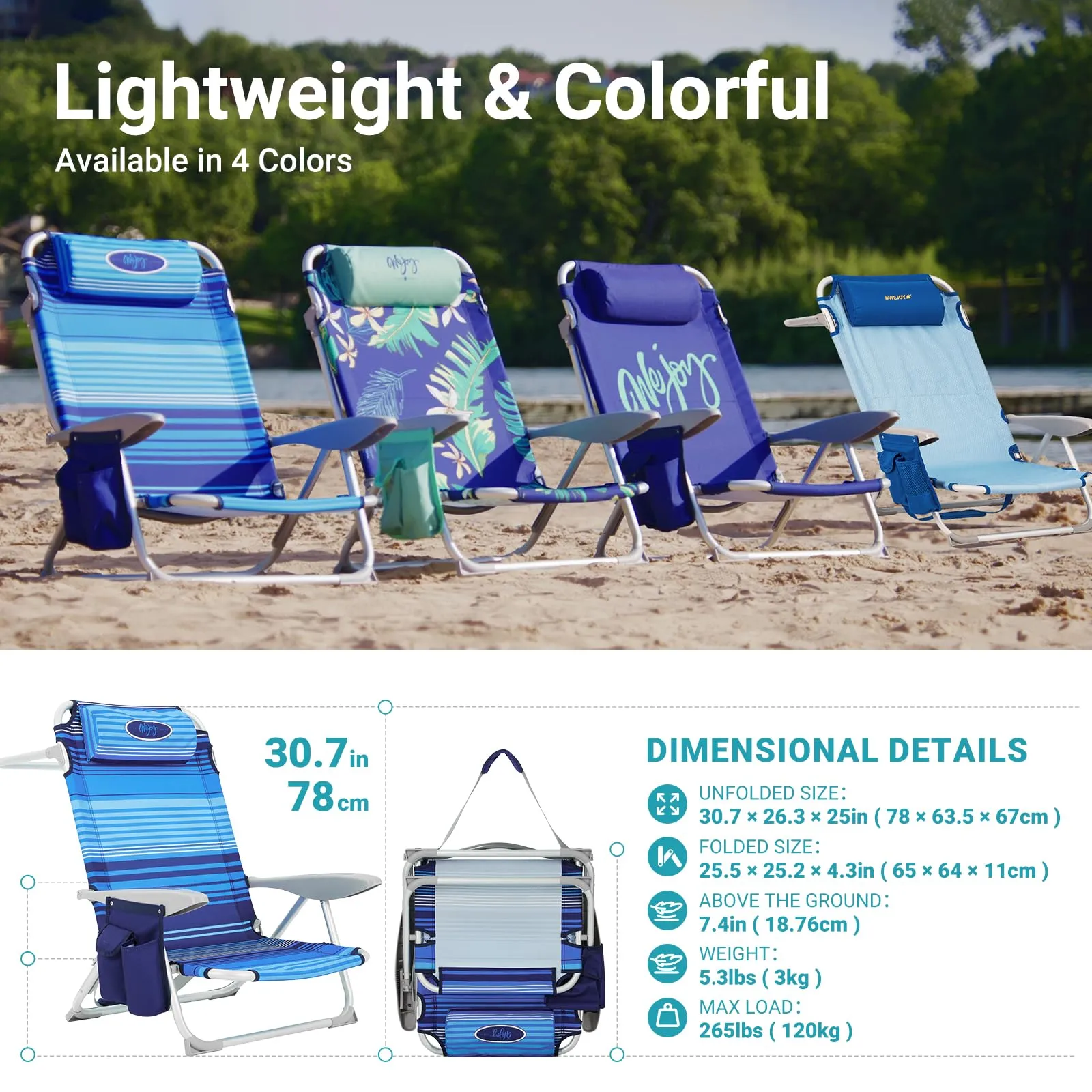 WEJOY Adjustable Beach Chair with Cup Holder and Padded Headrest