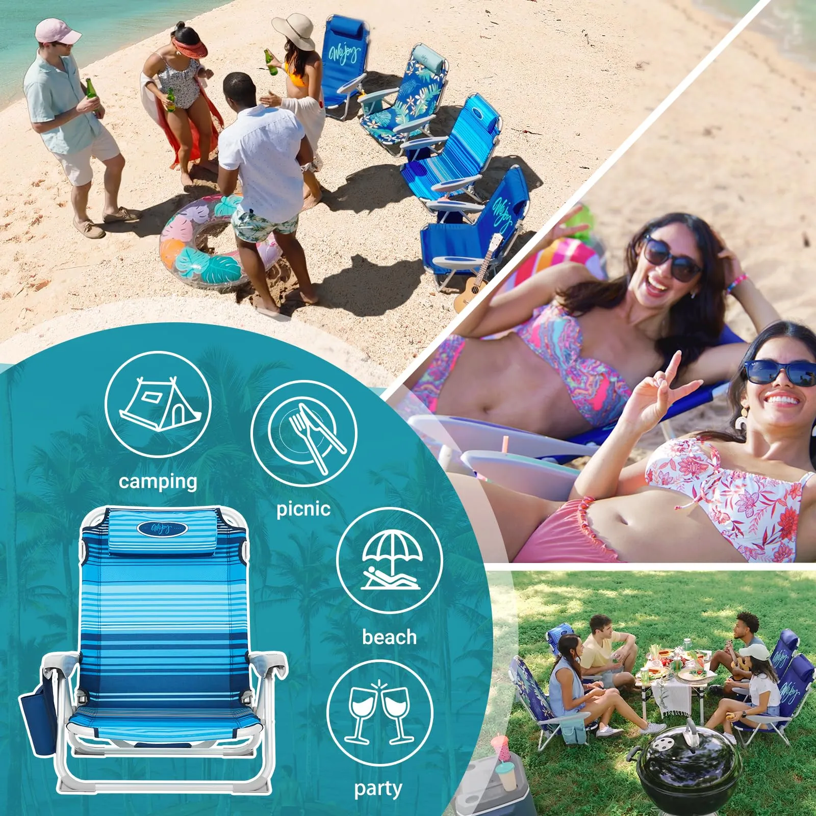 WEJOY Adjustable Beach Chair with Cup Holder and Padded Headrest