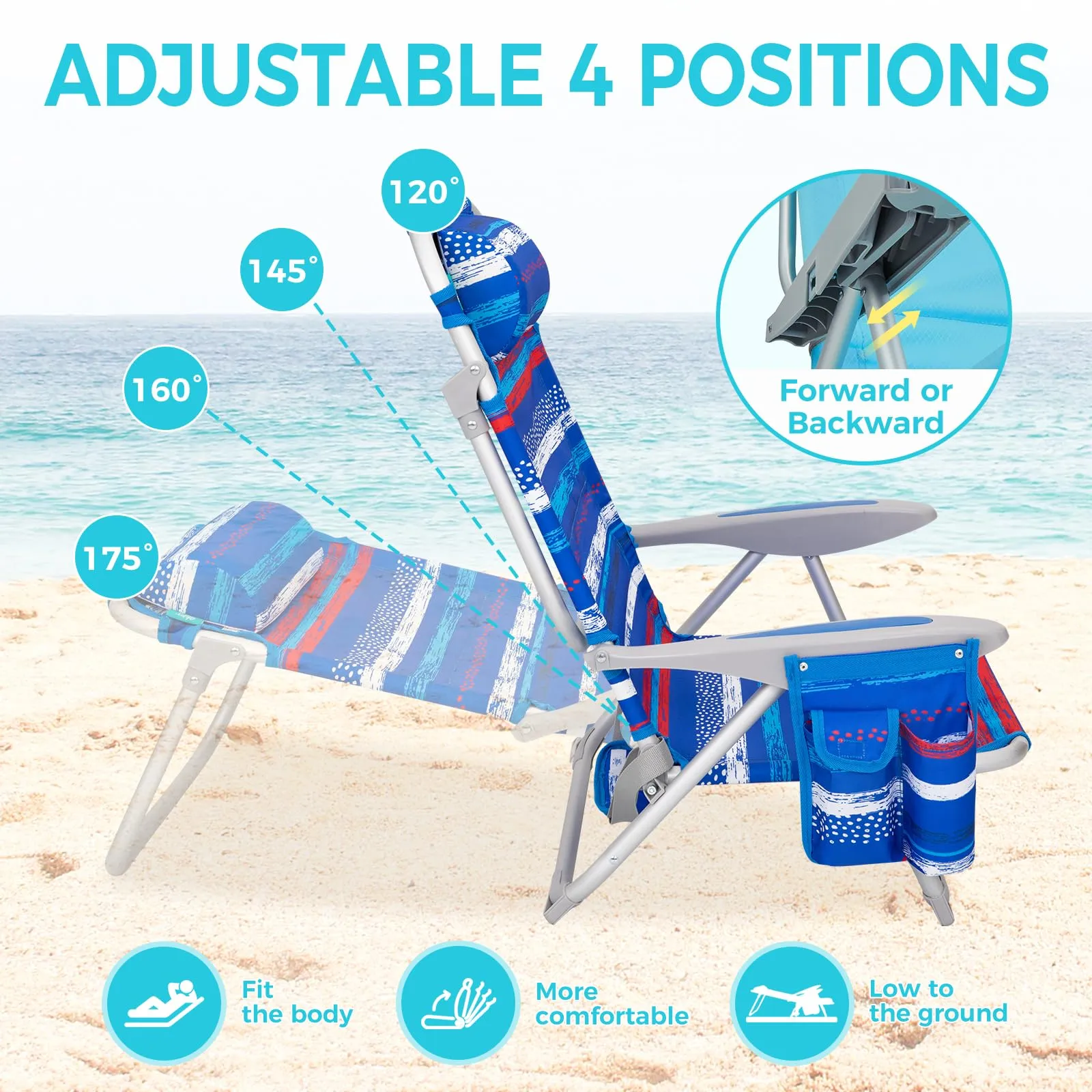 WEJOY Adjustable Beach Chair with Cup Holder and Padded Headrest