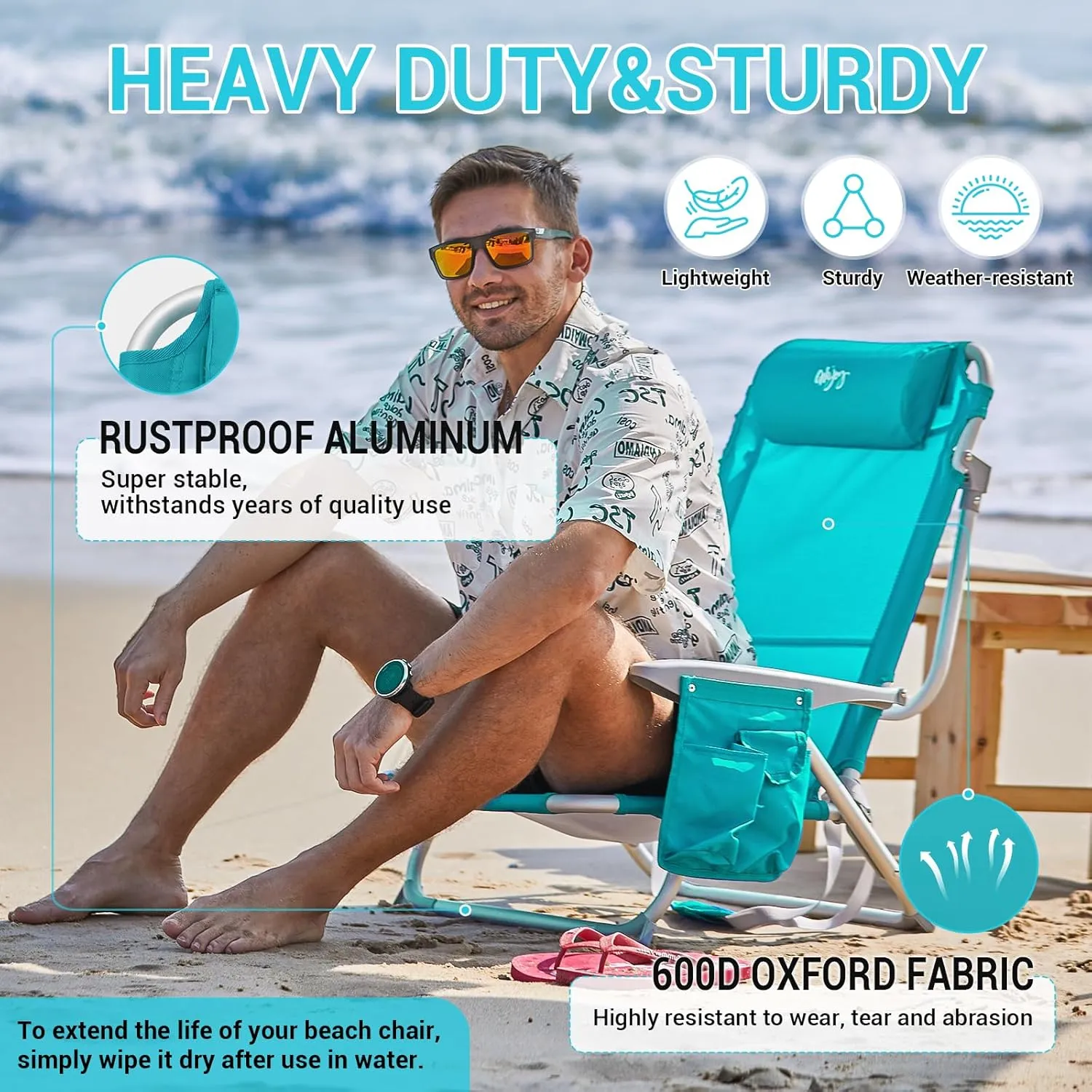 #WEJOY Folding Beach Chair for Adults, 4-Position Aluminum Lightweight Beach Chair, Low Sands Chairs with Shoulder Strap, Cup Holder and Padded Headrest, Supports 265lbs for Lawn