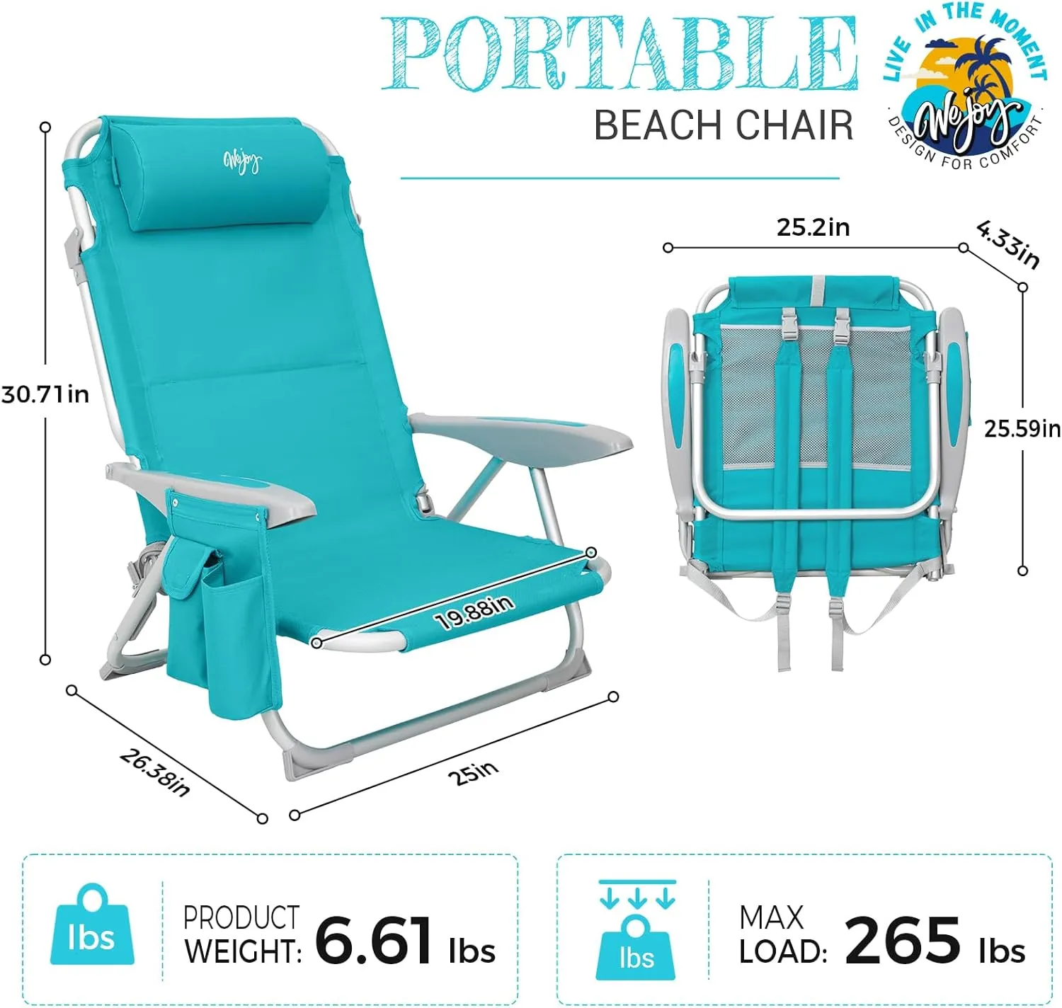 #WEJOY Folding Beach Chair for Adults, 4-Position Aluminum Lightweight Beach Chair, Low Sands Chairs with Shoulder Strap, Cup Holder and Padded Headrest, Supports 265lbs for Lawn