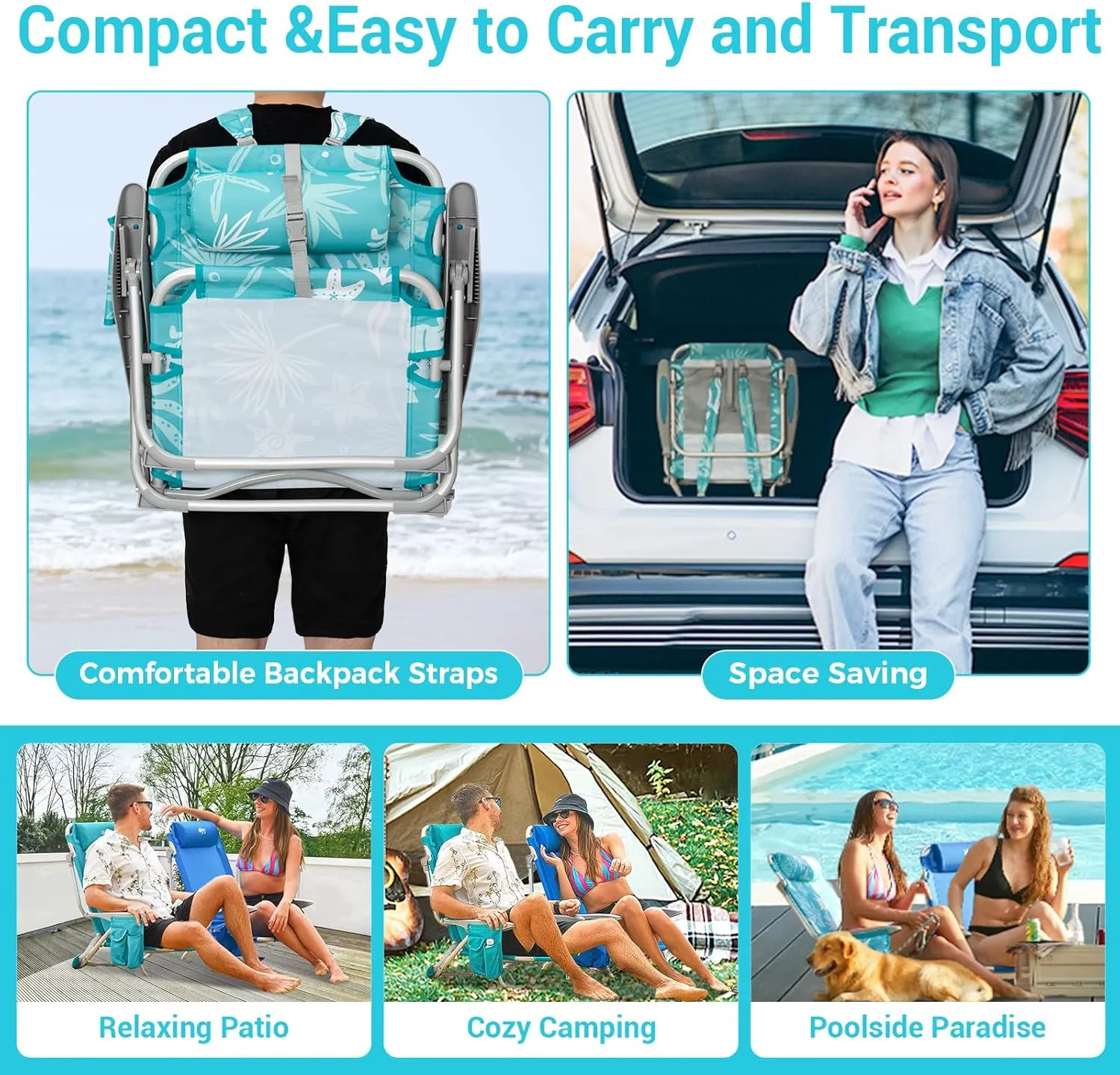 #WEJOY Folding Beach Chair for Adults, 4-Position Aluminum Lightweight Beach Chair, Low Sands Chairs with Shoulder Strap, Cup Holder and Padded Headrest, Supports 265lbs for Lawn