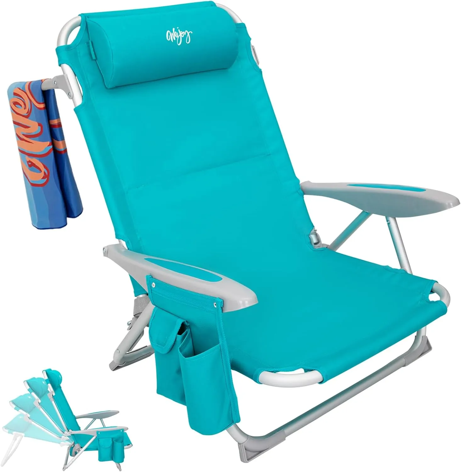 #WEJOY Folding Beach Chair for Adults, 4-Position Aluminum Lightweight Beach Chair, Low Sands Chairs with Shoulder Strap, Cup Holder and Padded Headrest, Supports 265lbs for Lawn