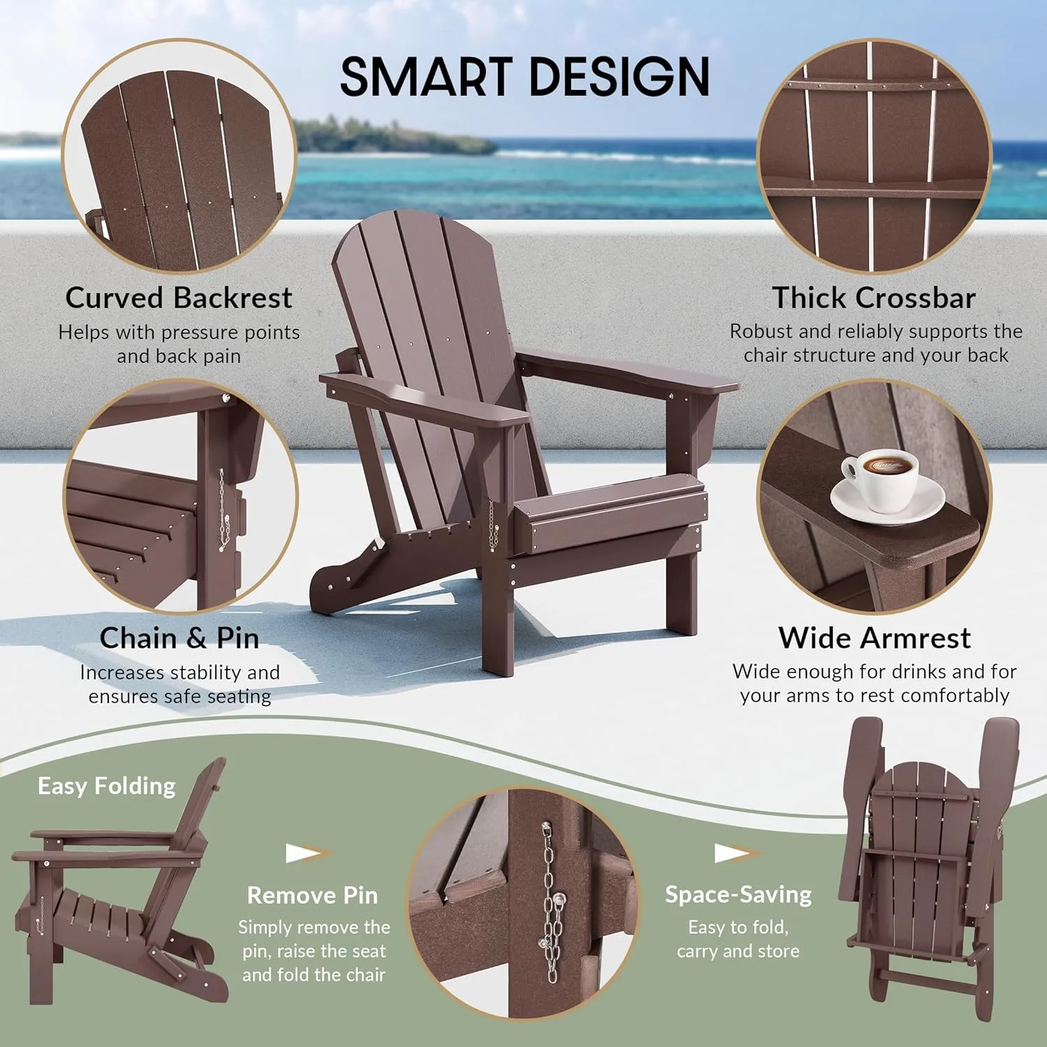 WestinTrends Malibu HDPE Outdoor Patio Folding Poly Adirondack Chair, Dark Brown