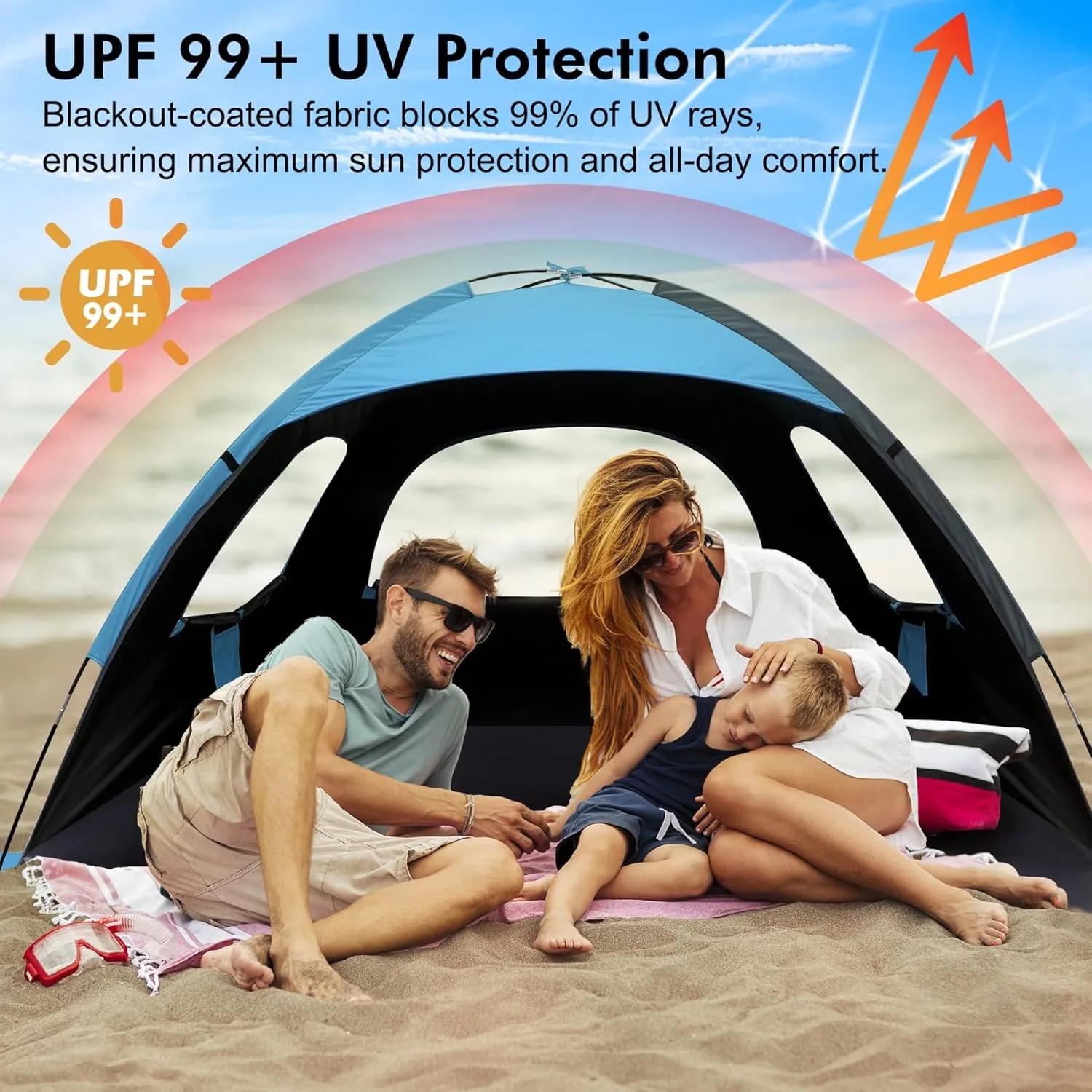 WhiteFang Beach Tent Anti-UV Portable Sun Shade Shelter for 3/4/6/8 Person, Extendable Floor with 3 Ventilating Mesh Windows Plus Carrying Bag, Stakes and Guy Lines