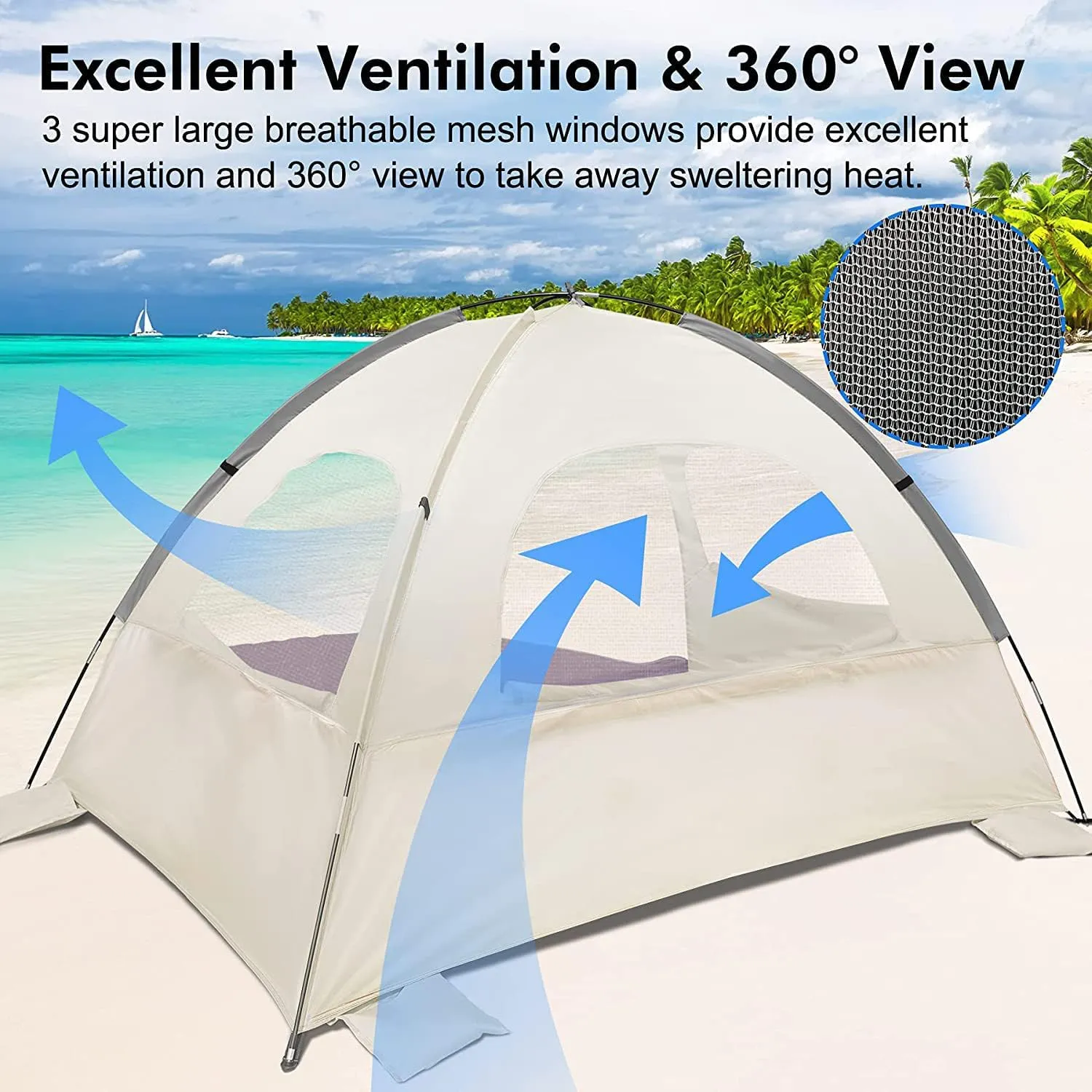WhiteFang Beach Tent Anti-UV Portable Sun Shade Shelter for 3/4/6/8 Person, Extendable Floor with 3 Ventilating Mesh Windows Plus Carrying Bag, Stakes and Guy Lines