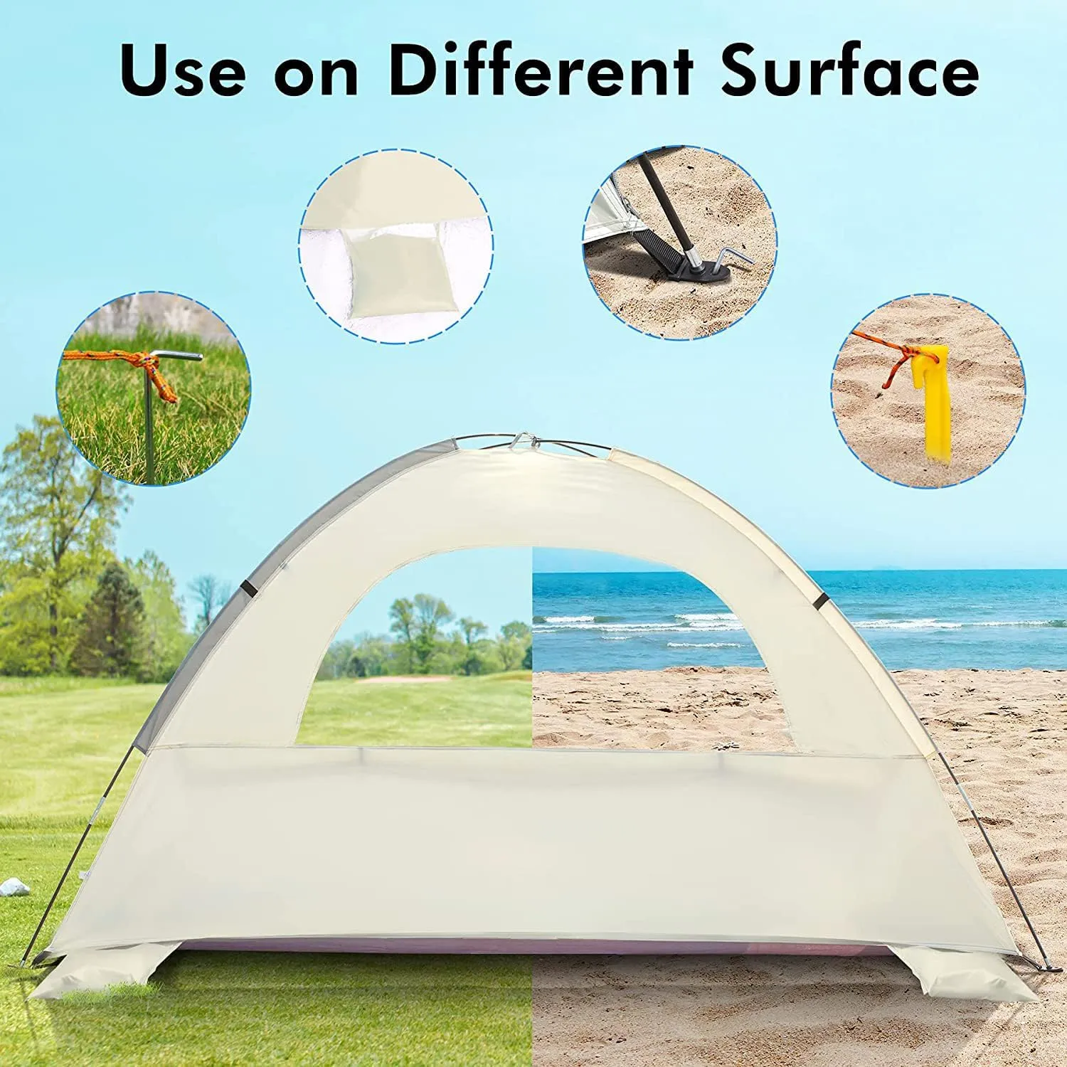 WhiteFang Beach Tent Anti-UV Portable Sun Shade Shelter for 3/4/6/8 Person, Extendable Floor with 3 Ventilating Mesh Windows Plus Carrying Bag, Stakes and Guy Lines