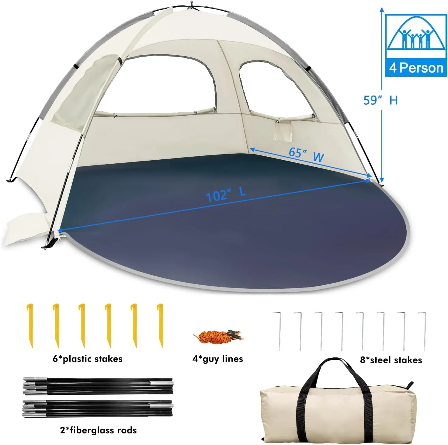 WhiteFang Beach Tent Anti-UV Portable Sun Shade Shelter for 3/4/6/8 Person, Extendable Floor with 3 Ventilating Mesh Windows Plus Carrying Bag, Stakes and Guy Lines