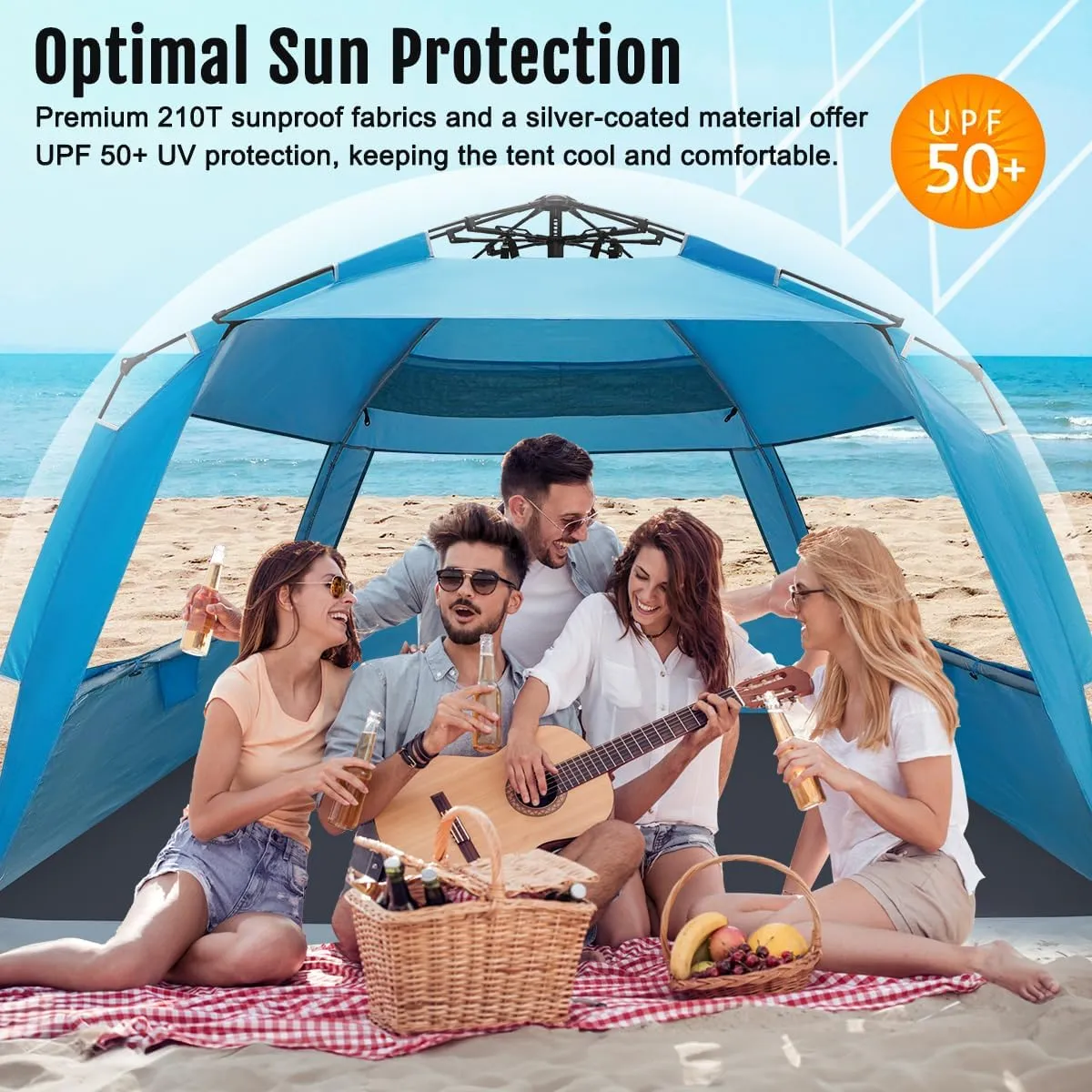 WhiteFang Deluxe Pop Up Beach Tent Sun Shade Shelter for 3-4/5-6 Person, UV Protection, Extendable Floor with 3 Ventilating Windows Plus Carrying Bag, Stakes, and Guy Lines