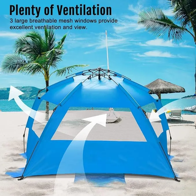 WhiteFang Deluxe XL Pop Up Beach Tent Sun Shade Shelter for 3-4 Person, UV Protection, Extendable Floor with 3 Ventilating Windows Plus Carrying Bag, Stakes, and Guy Lines
