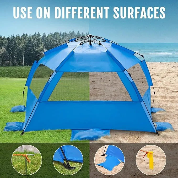 WhiteFang Deluxe XL Pop Up Beach Tent Sun Shade Shelter for 3-4 Person, UV Protection, Extendable Floor with 3 Ventilating Windows Plus Carrying Bag, Stakes, and Guy Lines
