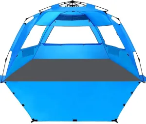 WhiteFang Deluxe XL Pop Up Beach Tent Sun Shade Shelter for 3-4 Person, UV Protection, Extendable Floor with 3 Ventilating Windows Plus Carrying Bag, Stakes, and Guy Lines