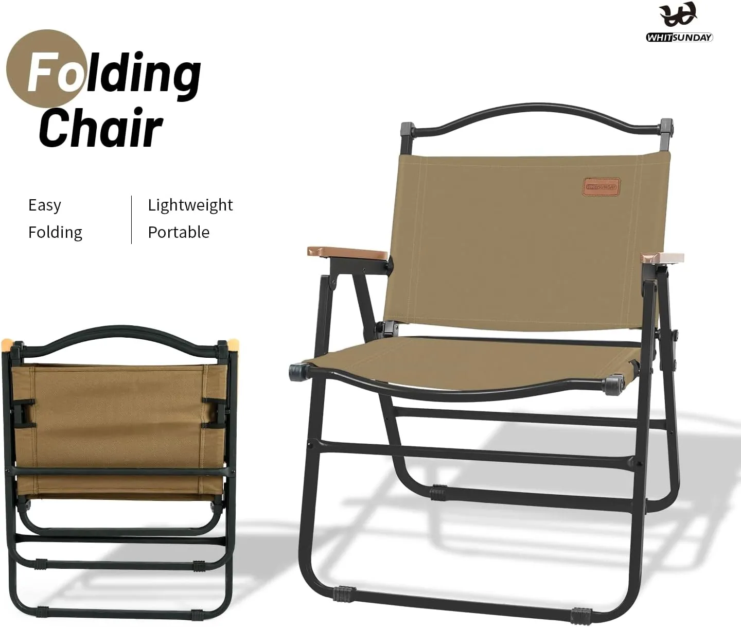 Whitsunday Camping Chairs Foldable Portable Chair Beach Chair Wood Armrest Metal Frame Travel Chair for Outdoor Camping Picnic Brown
