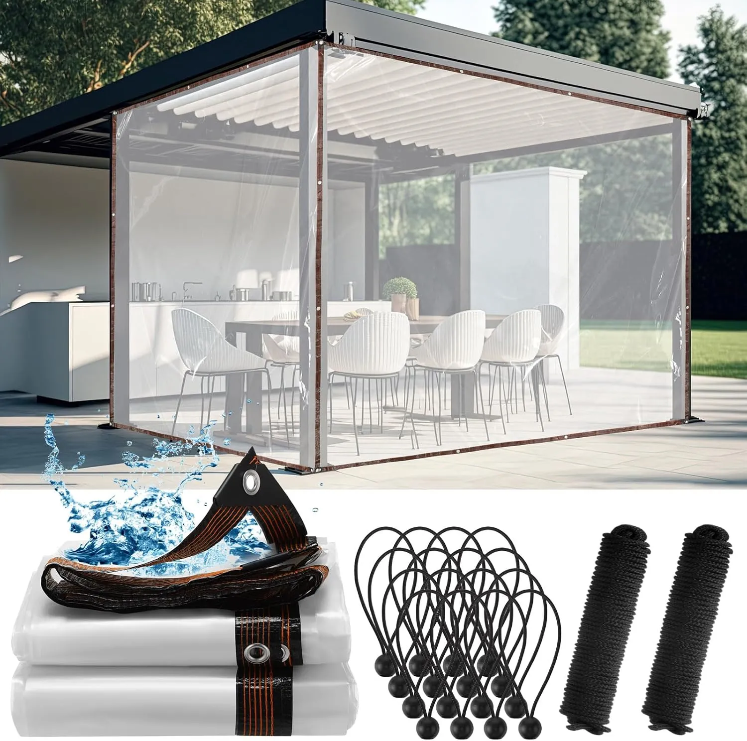 Windyun 2 Pack Heavy Duty Clear Tarps with Reinforced Edge Plastic Tarp Waterproof Plastic Cover Greenhouse Patio with 16 Elastic Rope and 2 Nylon Rope for Garden Furniture(8 x 10 ft)