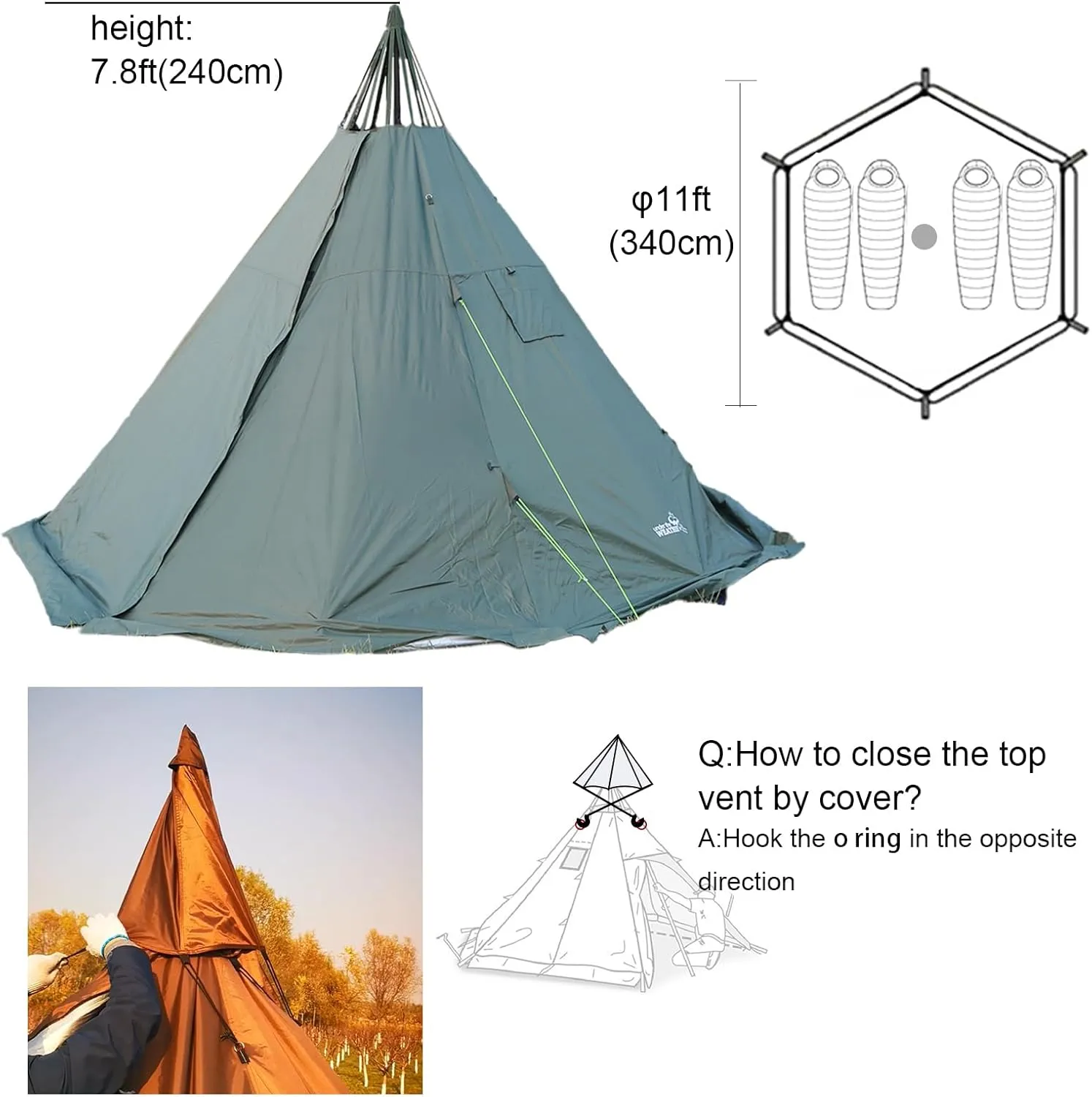 WINTENT 4 Season Waterproof Teepee Tent Yurt with Stove Jack for Adult Camping Hiking, Height 7.8FT/240CM