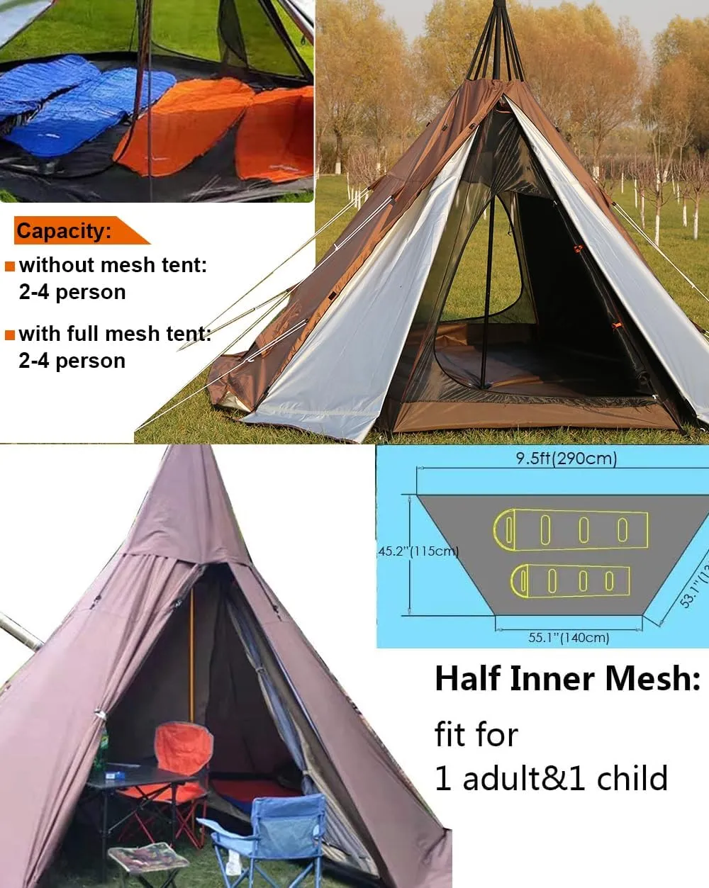 WINTENT 4 Season Waterproof Teepee Tent Yurt with Stove Jack for Adult Camping Hiking, Height 7.8FT/240CM