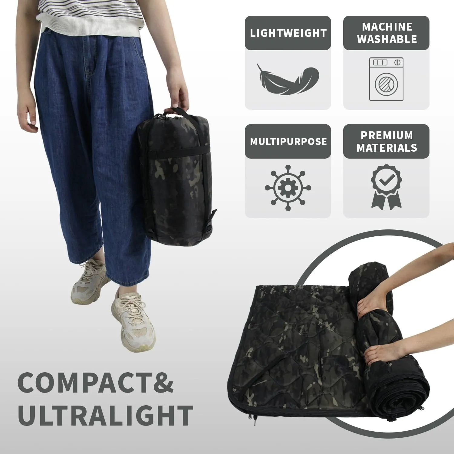 WINWAY Outdoor Down Camping Blanket Military Camping Sleeping Bag with Zipper,Packable Waterproof Lightweight Poncho Liner for Hiking,Travel, Stadium
