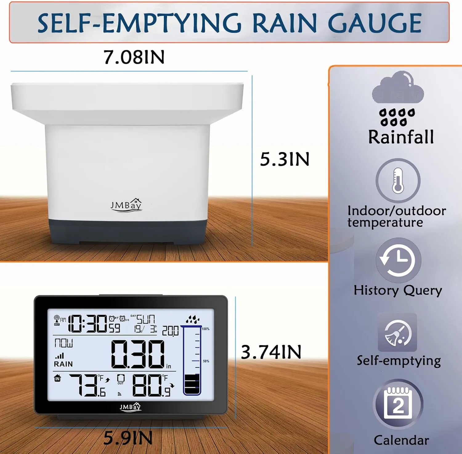 Wireless Digital Rain Gauge with Thermometer, Self-Emptying Rain Collector Monitoring Rainfall,High Precision Remote Rain Gauge Outdoor Indoor for Garden and Yard,Freeze Proof Rain Measure Gauge