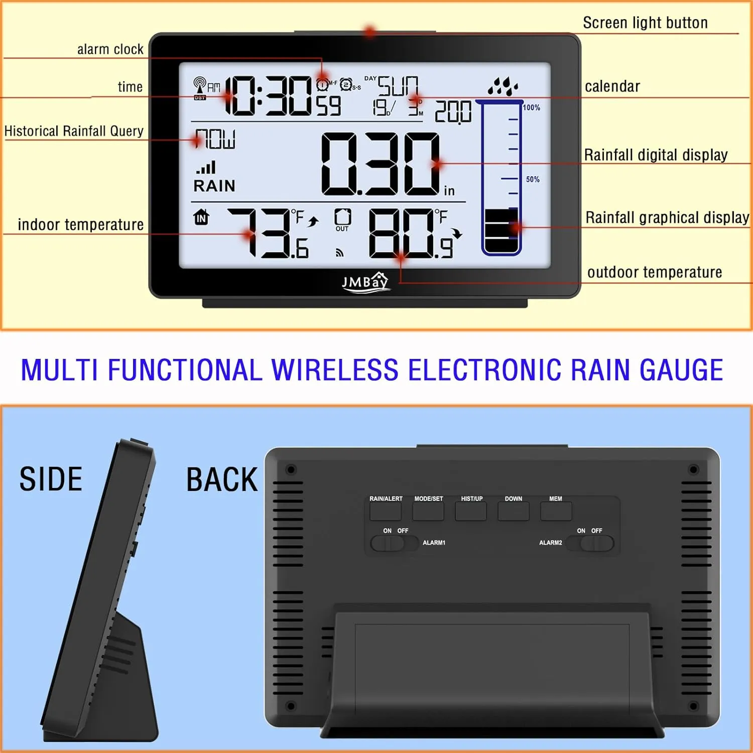 Wireless Digital Rain Gauge with Thermometer, Self-Emptying Rain Collector Monitoring Rainfall,High Precision Remote Rain Gauge Outdoor Indoor for Garden and Yard,Freeze Proof Rain Measure Gauge