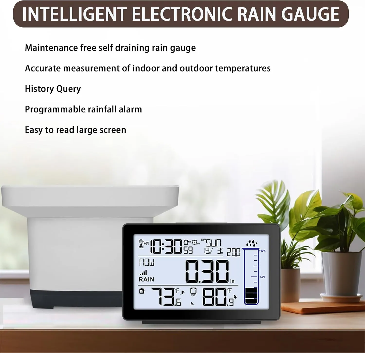 Wireless Rain Gauge Outdoor, Self-Emptying Digital Rain Gauges Outdoors Best Rated, Electronic Rain Measure Gauge for Garden, Freeze Proof Rain Gauge with Thermometer, Remote Rain Meter for Yard