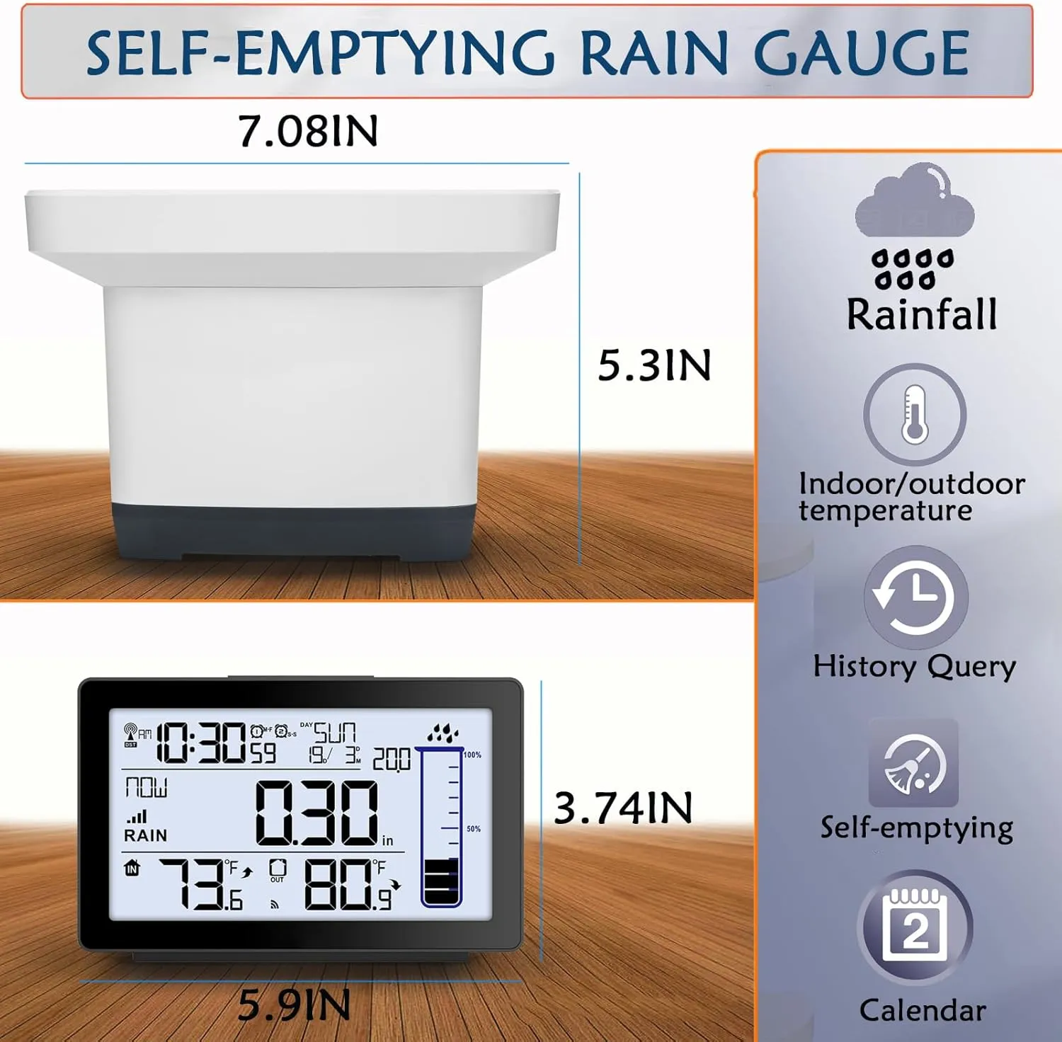 Wireless Rain Gauge Outdoor, Self-Emptying Digital Rain Gauges Outdoors Best Rated, Electronic Rain Measure Gauge for Garden, Freeze Proof Rain Gauge with Thermometer, Remote Rain Meter for Yard